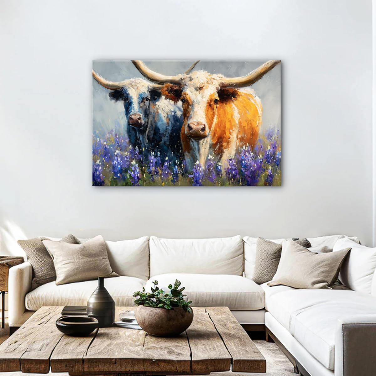 Farmhouse Highland Cow Wall Art Western Wall Decor Kitchen Living Room Large Highland Cow Picture Canvas Prints Decor Abstract Nature Country Animals Painting Poster Lavender Landscape Artwork 32x48” (48"L x 32"W / HighlandCow2)