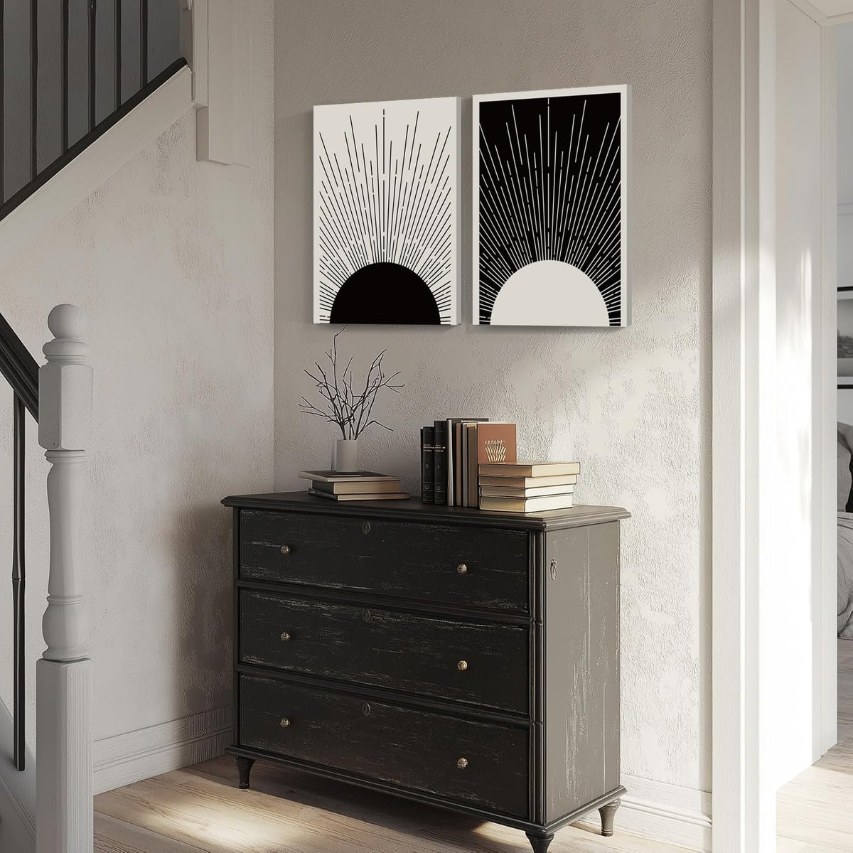 Framed Boho Sun Wall Art Set of 2 Black and White Minimalist Sunrise Canvas Prints Abstract Sunshine Painting Geometric Line Pictures Home Decor for Living Room Bedroom Bathroom 12x16in (Black / 16"L x 12"W)