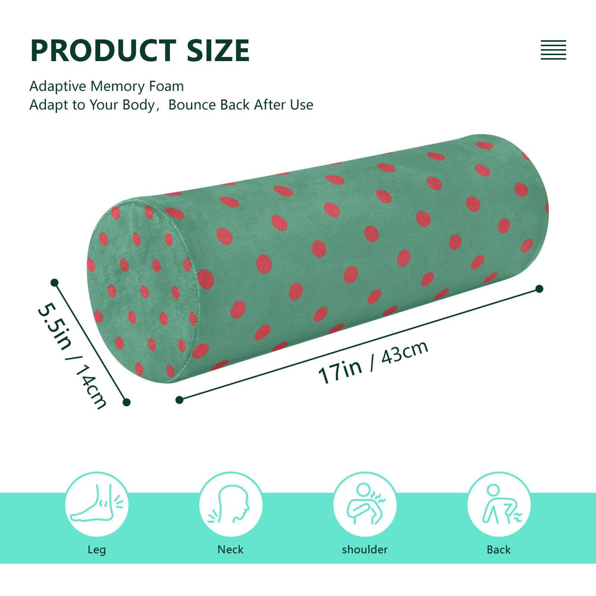 Neck Roll Pillow Bolster Round Health Memory Foam Pillows Long Cervical Cylinder Body with Removable Washable Cover for Bed Legs Back Yoga Polka Dots Green (Polka Dots 37)