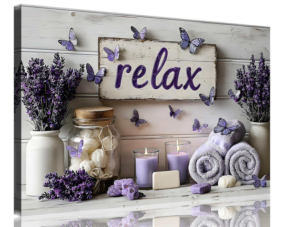 1 Panel Purple Wall Art Purple Bathroom Canvas Wall Decor Relax Soak Canvas Art Butterfly Floral Print Poster Artwork Bathroom Washroom Painting Pictures Ready to Hang 24"x36" (36"L x 24"W / Purple Flower 17)