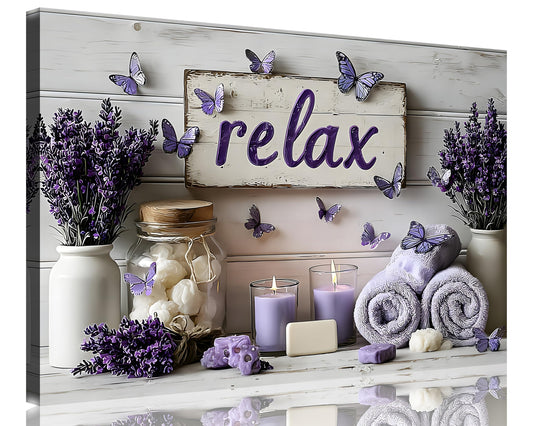 1 Panel Purple Wall Art Purple Bathroom Canvas Wall Decor Relax Soak Canvas Art Butterfly Floral Print Poster Artwork Bathroom Washroom Painting Pictures Ready to Hang 24"x36" (36"L x 24"W / Purple Flower 17)