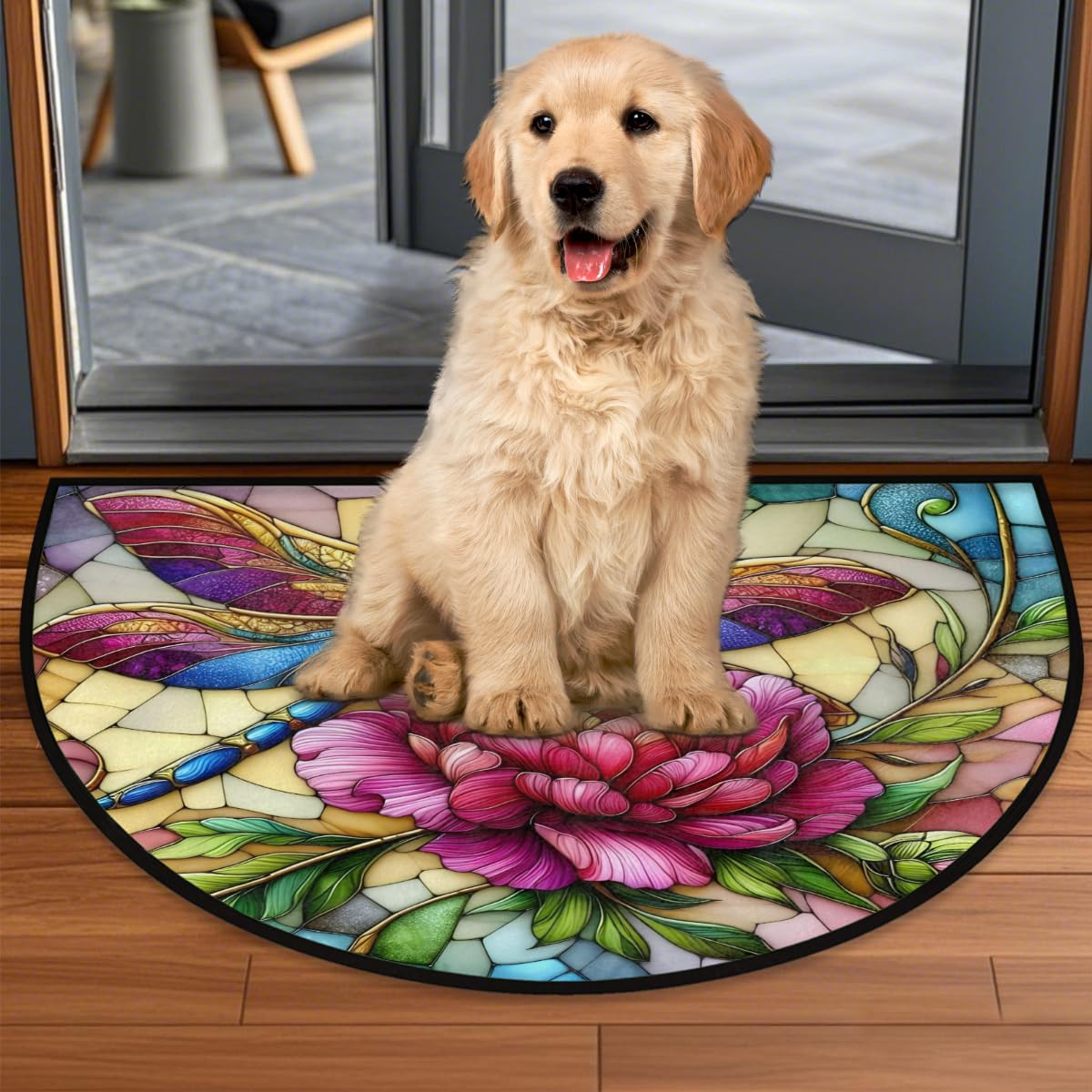 Half Round Doormat Butterfly Flower Colorful Semi Circle Rug Non Slip Indoor Outdoor Entrance Half Moon Rug Washable Front Floor Mat for Kitchen Bathroom Patio Fireplace Holiday Decor (A03:dragonfly Flower)