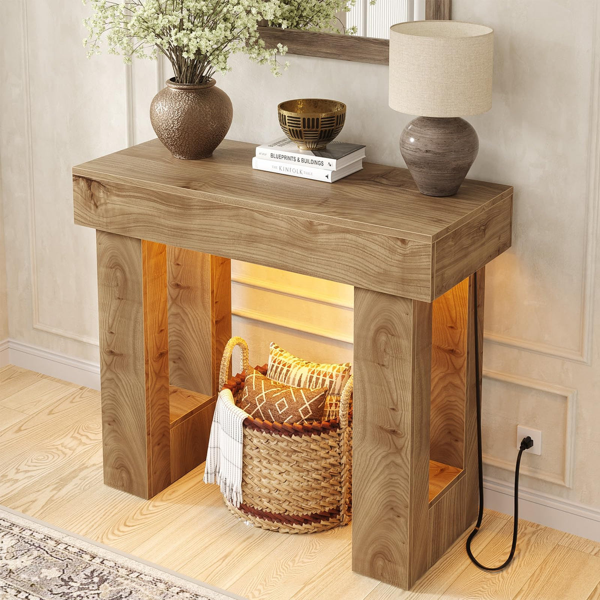 39" Entry Table with Sensor Light & AC Outlets with USB (Natural Oak / 39IN)