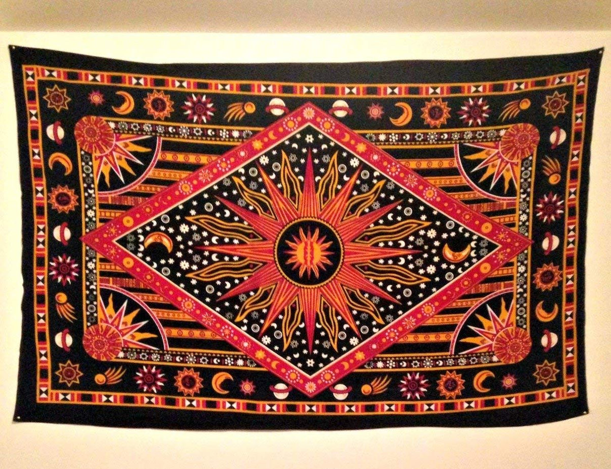 Wall Hanging Tapestry For Bedroom Hippie Burning Sun and Moon Meditation Bohemian Hippy Psychedelic Design Indian Tapestries Bedspread 30 x 40 Inches (40"L x 30"W / Golden)