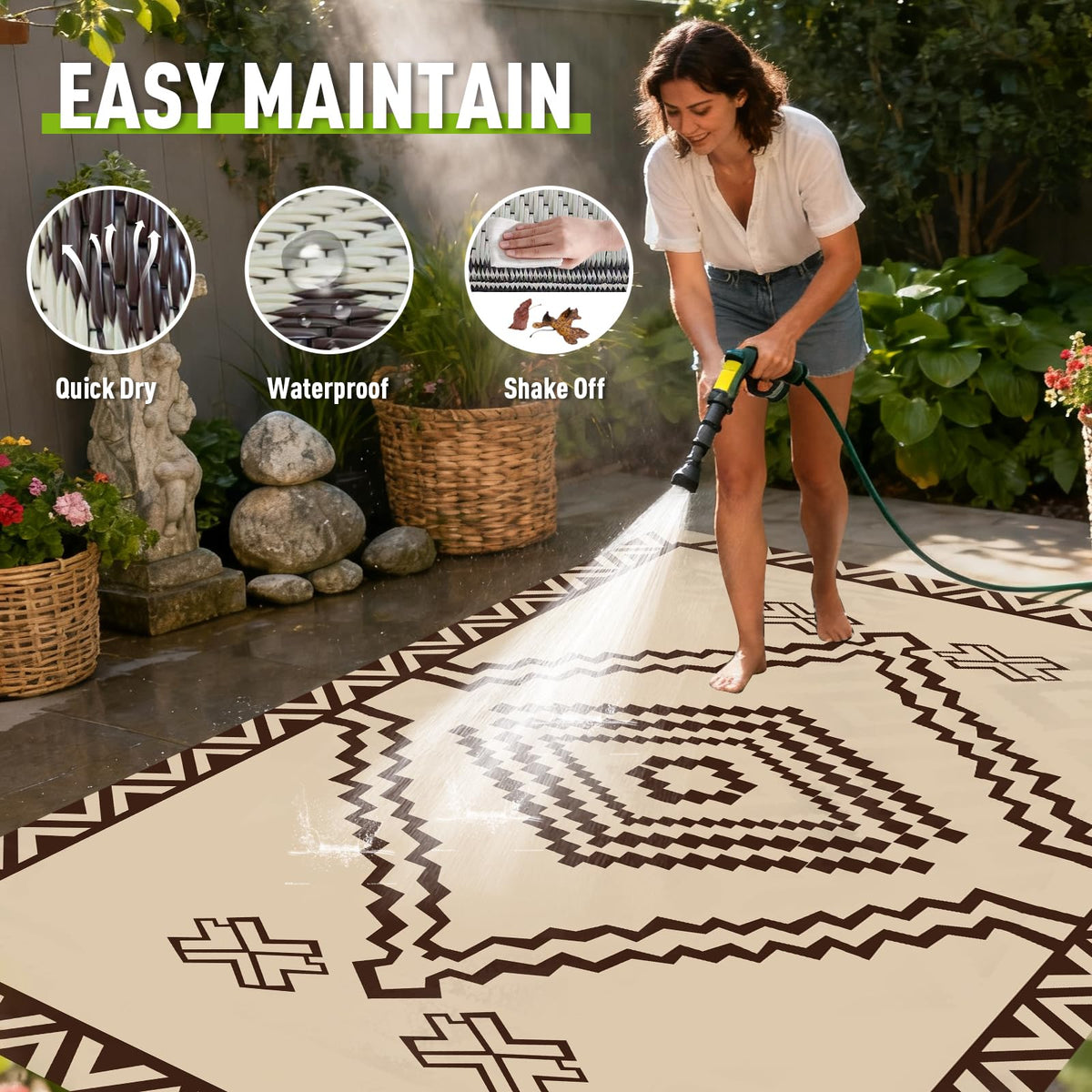 Beige Brown Geometric Rug 6x9 FT Defines Space Mat for Patio Deck Camping (Del Diamond / 6x9 Feet)