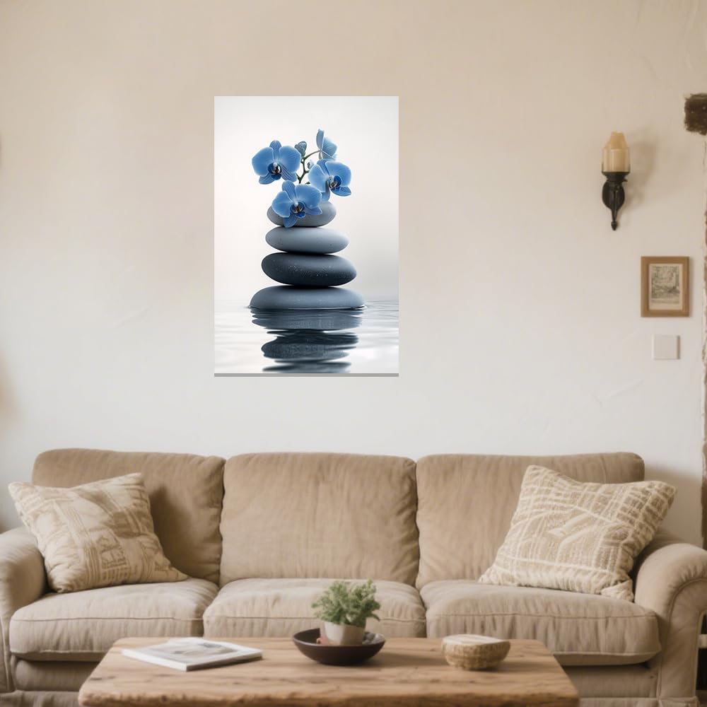 Zen Wall Art Stones Picture Orchid Canvas Painting Blue Zen Water Prints Spa Bathroom Decor Meditation Yoga Room Office Home Framed (Blue / 16" x 24")
