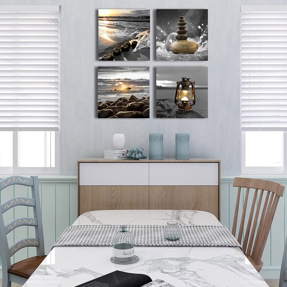 Canvas Zen Décor Black and White Beach Wall Art Ocean Poste Seascape Picture Print Sunset Scenery Painting Artwork for Living Room Wall Decor Bedroom Bathroom Wall Home Decorations Framed (black white bech zen / 12"L x 12"W x 4 pcs)