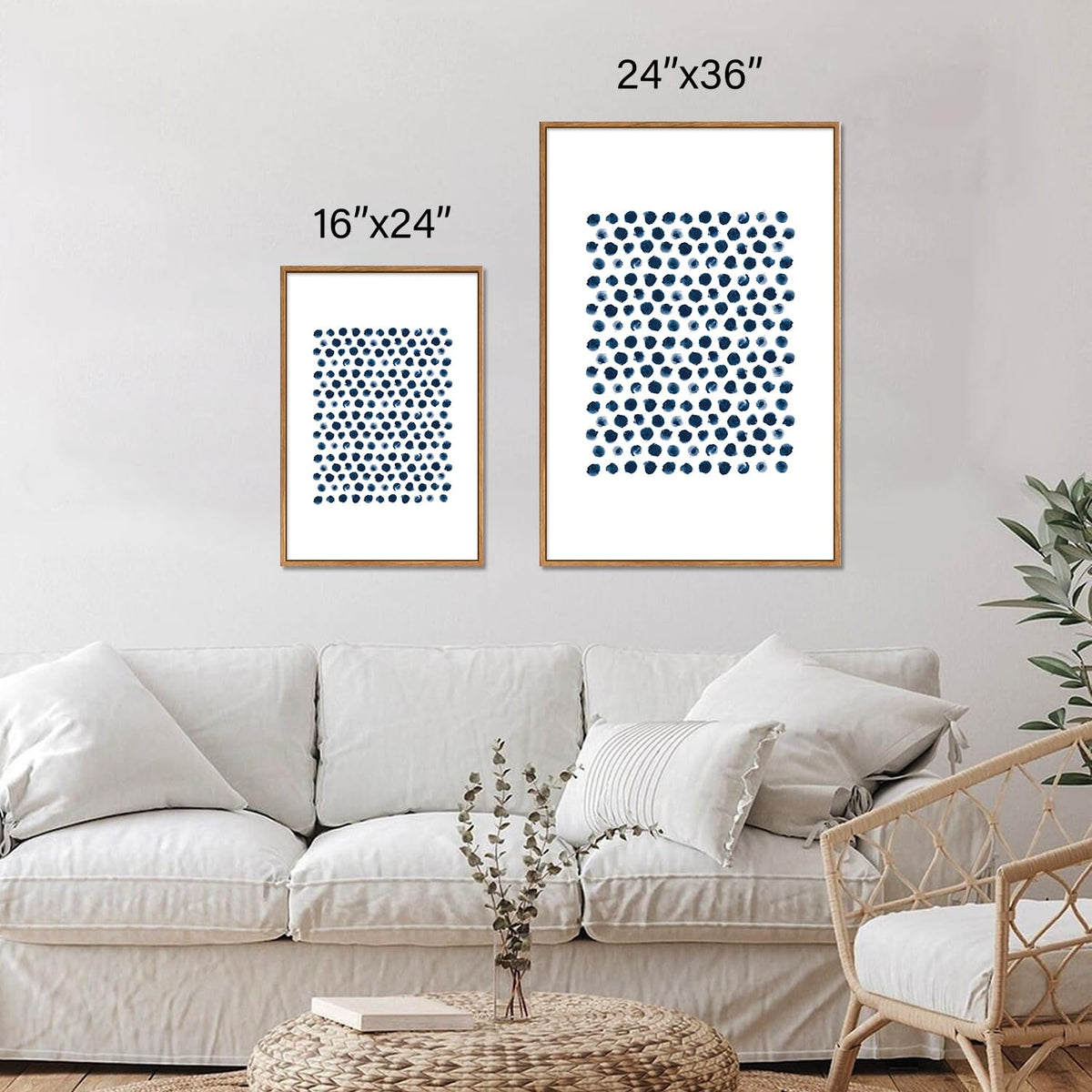 Navy Blue and White Framed Canvas Wall Art Set (Modern Geometric Dots Line / 36"L x 24"W)