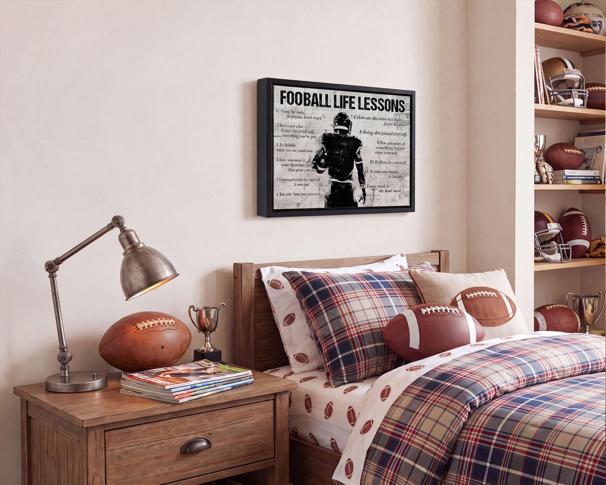 Black Framed Football Life Lessons Canvas Wall Art 16x24in (Inspirational football / 24"L x 16"W)