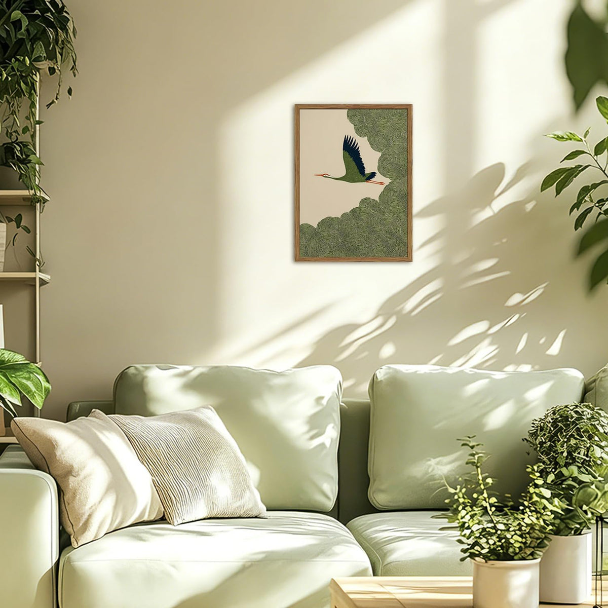 Framed Japanese Flying Crane Wall Art (Green Bird / 24"L x 16"W)