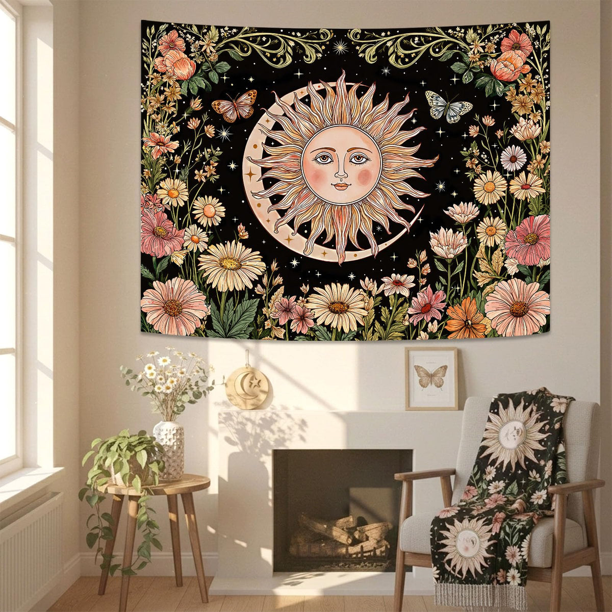 Boho Sun and Moon Vintage Daisy Floral Tapestry 80 x 60 Inch (Black Sun Daisy / 80"L x 60"W)