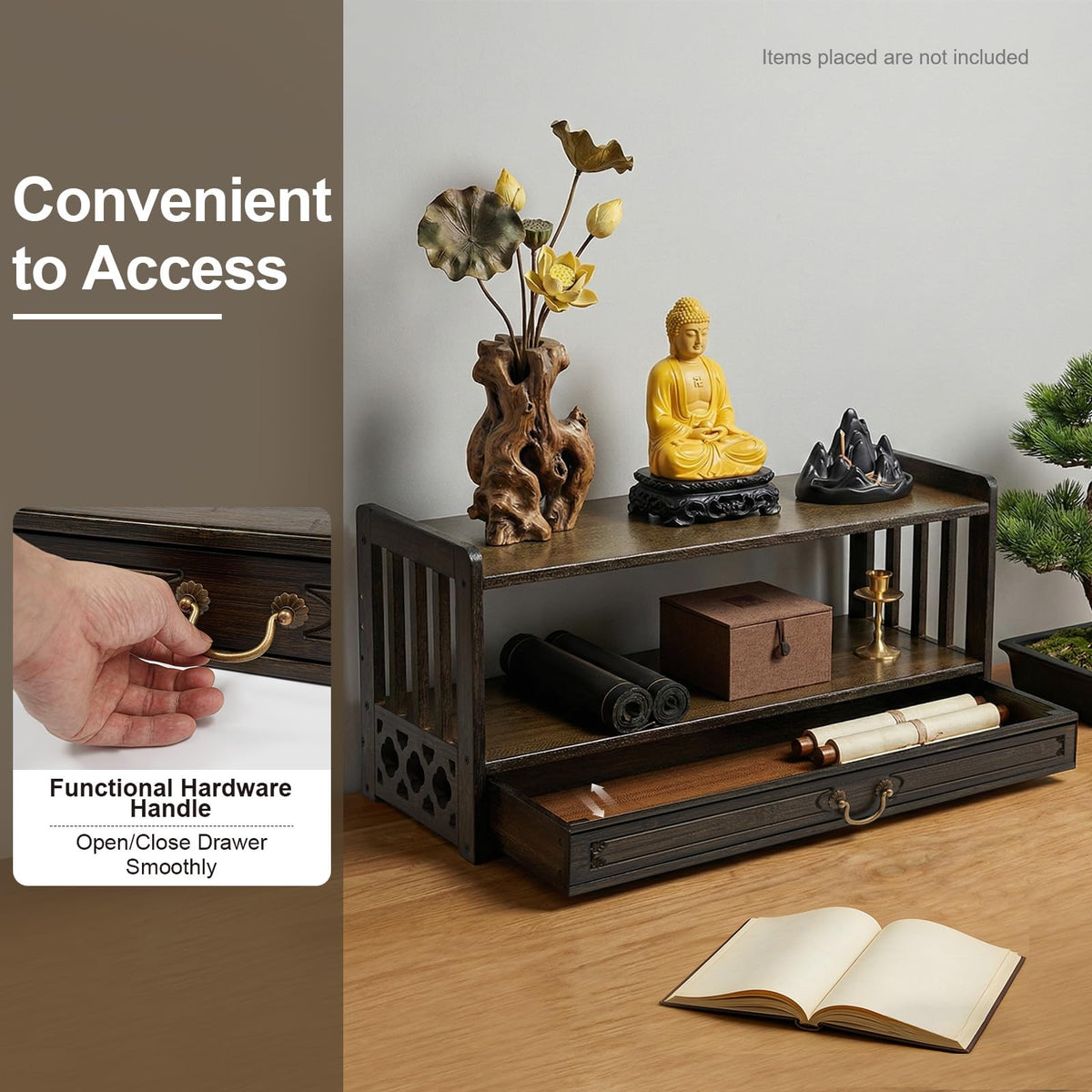 Low 3 Tier Meditation Table with Drawer (Walnut Color / 27.2”W)