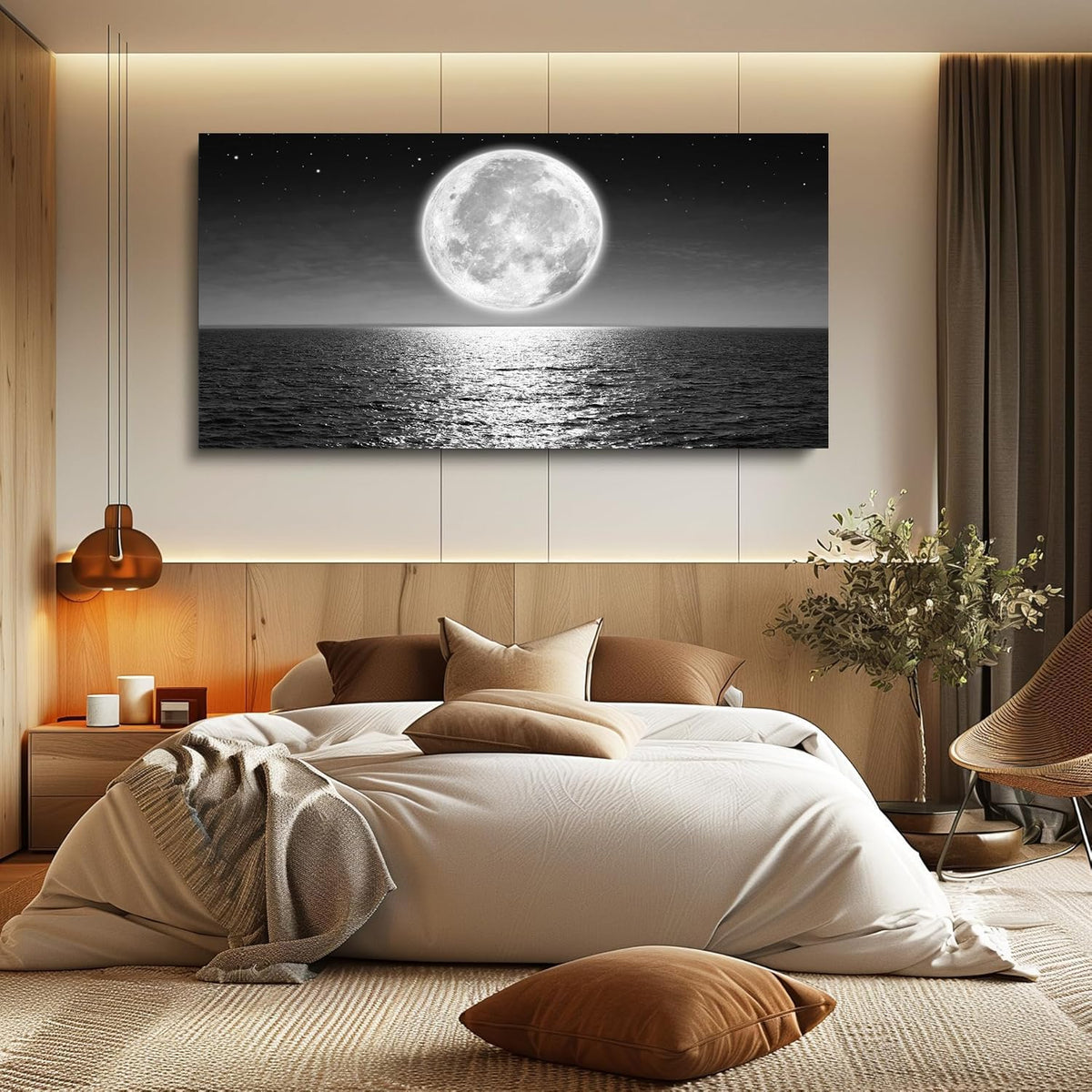 Black and White Wall Art Full Moon Sea Coastal Canvas Wall Art Beach Paintings Ocean Posters Landscape Picture Print Modern Office Artwork for Living Room Decor Bedroom Home Décor Framed (2SeaMo05 / 40"L x 20"W)
