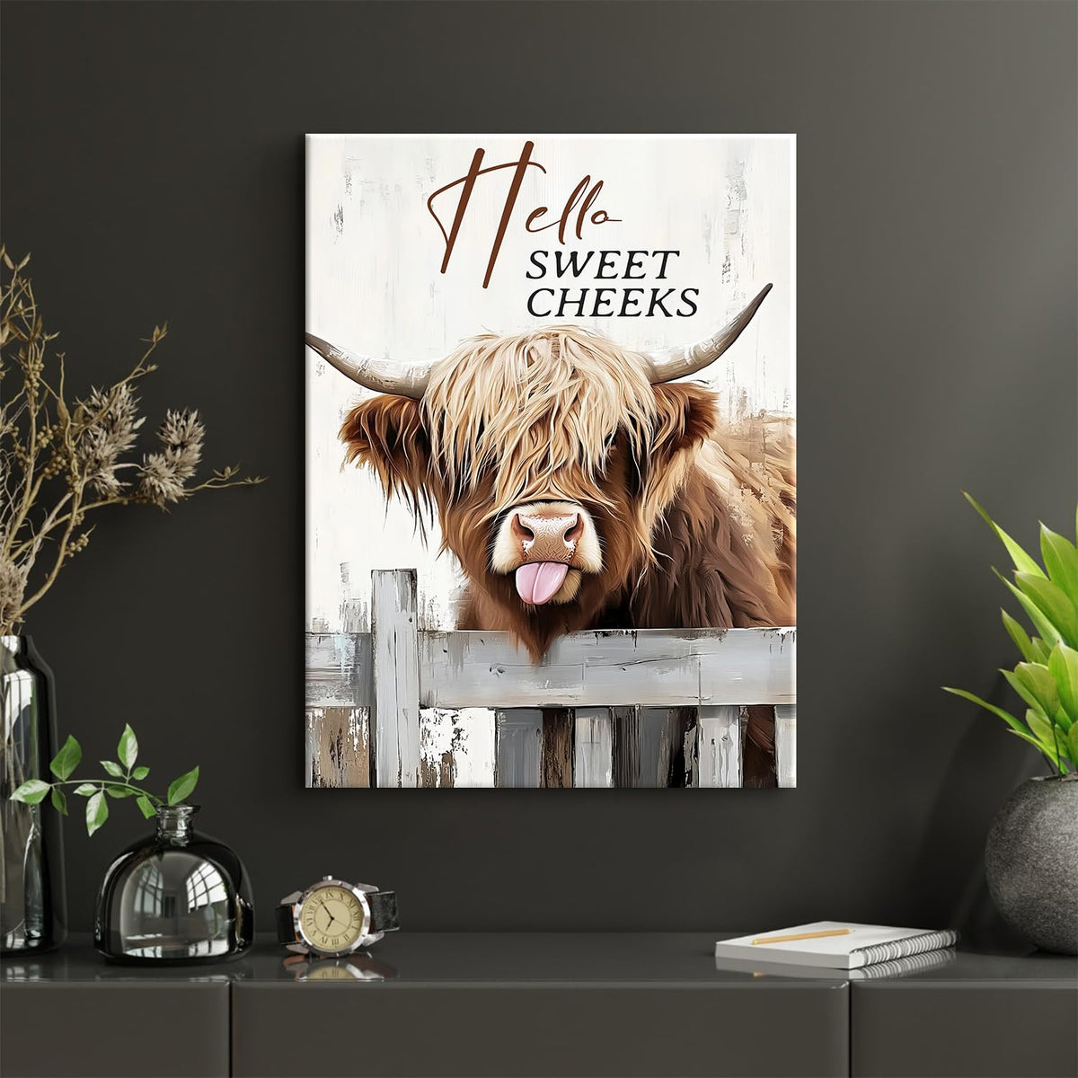 Funny Highland Cow Bathroom Decor Farmhouse Cute Cow Painting Picture Wall Decor Hello Sweet Cheeks Highland Cattle Animals Canvas Poster Print Artwork for Bathroom Bedroom Home Decoration 12x16 (16"L x 12"W / Funny Cow02)