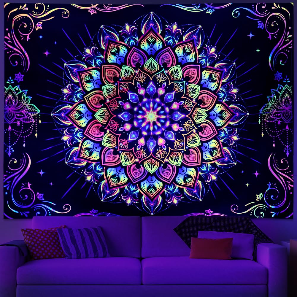 Blacklight Mandala Tapestry UV Reactive Psychedelic Neon Tapestry Hippie Indian Bohemian Wall Tapestries Aesthetic Floral Tapestries Wall Hanging for Bedroom (92.5"L x 70.8"W / Mandala)