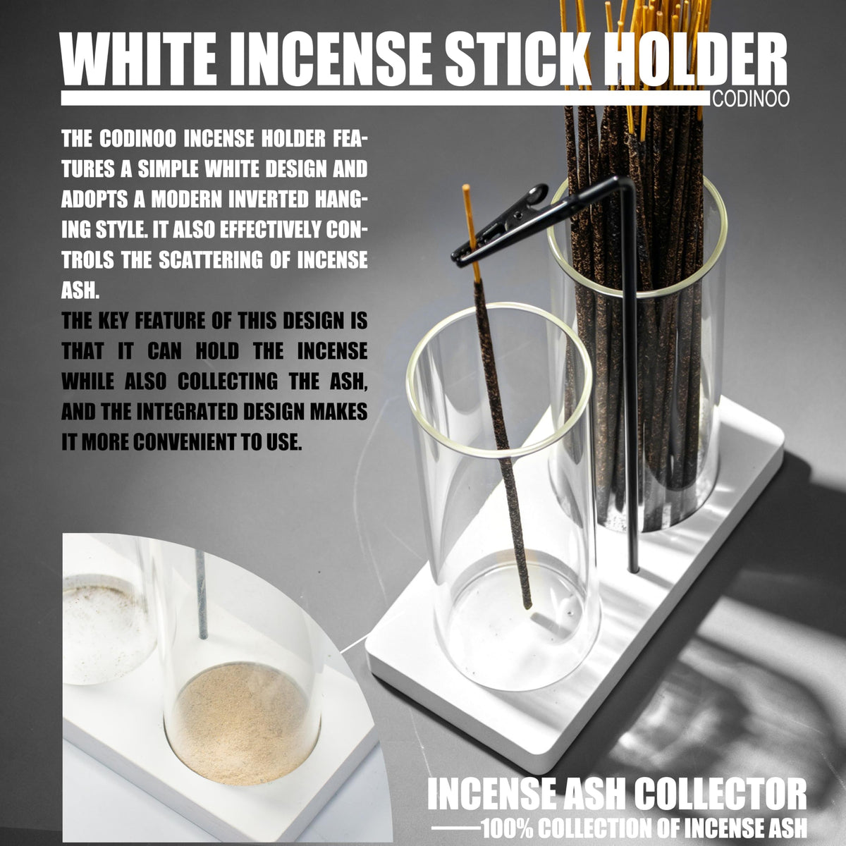 2 in 1 Incense Burner Holder for Sticks (White / 2 tall glass)