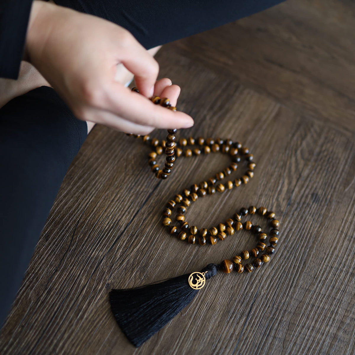 OM Charm Hand Knotted Tassel 108 Mala Beads Tiger Eye Stone Beaded Necklace 8mm (8mm / Tiger eye)