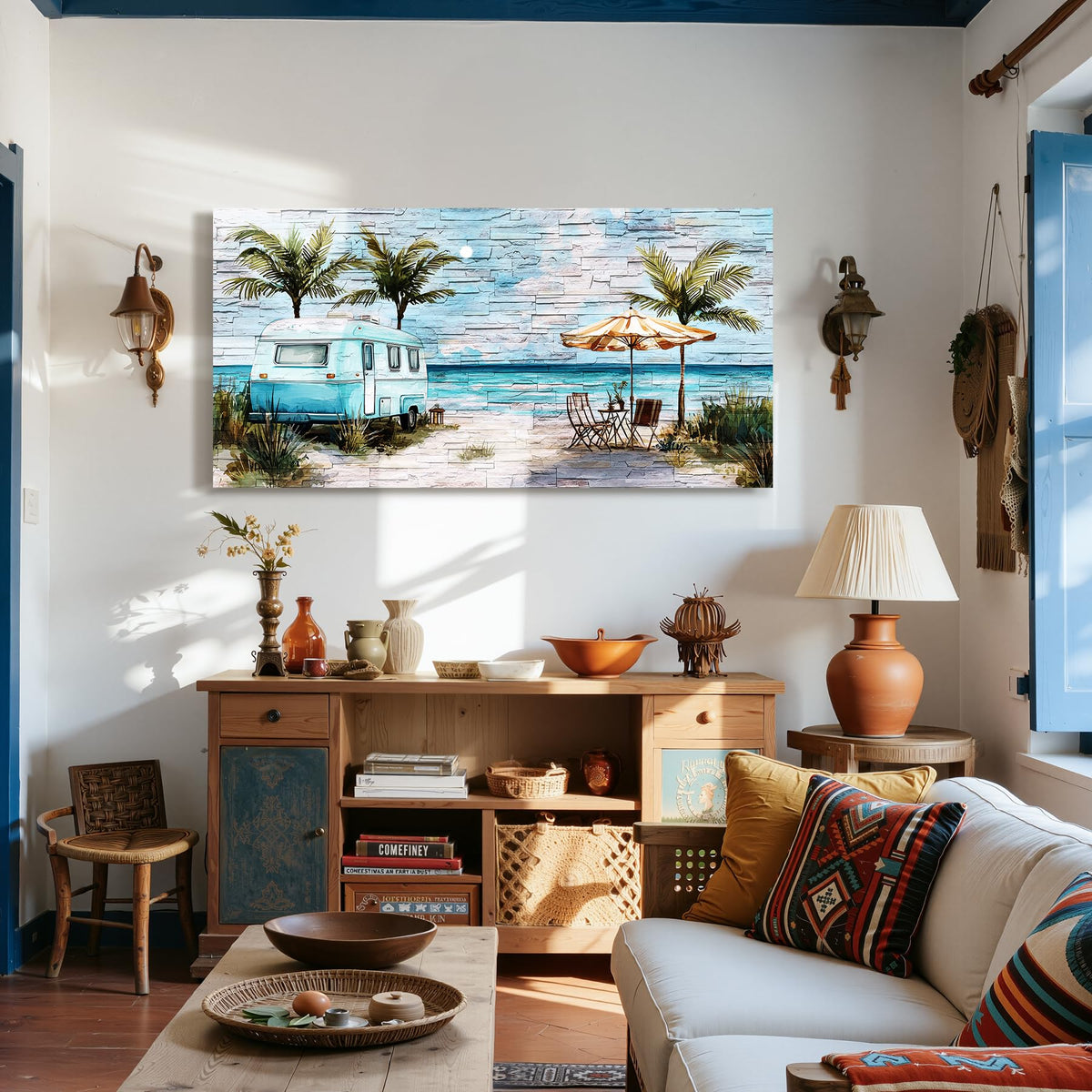 Blue Coastal Wall Art Extra Large Watercolor Print Beach Decor (Beach Journey / 57"L x 29"W)