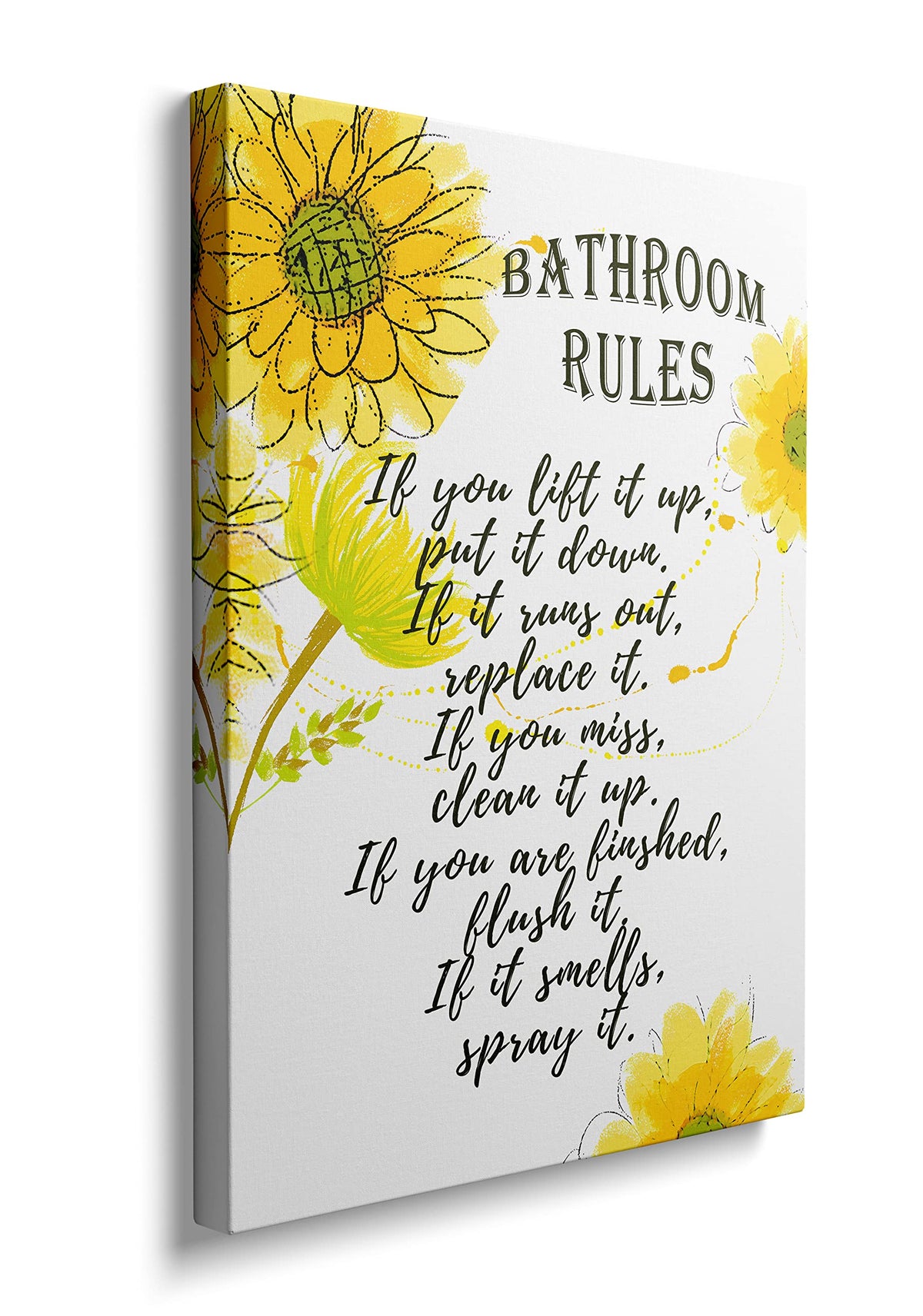 Framed Bathroom Rules Wall Art Yellow Flower Canvas Farm Decor 12x16 Inches (Bathroom Rules / 16"L x 12"W)