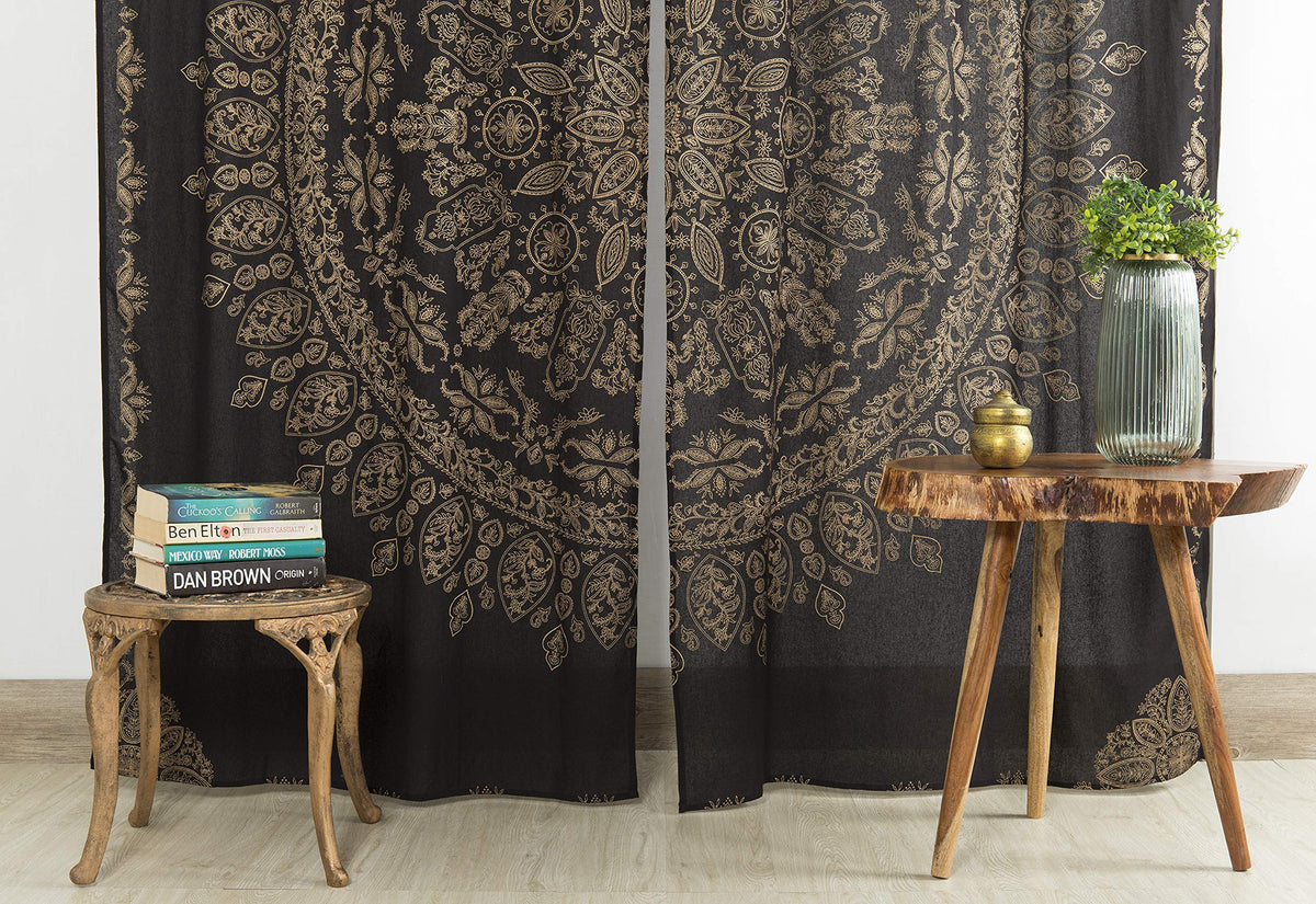Indian Hippie Mandala Bohemian Beautiful Black Gold Window Drapery Curtain Bedroom Living Room Balcony Valance Panels (38"W x 83"L (Pack of 2) / Black Gold)