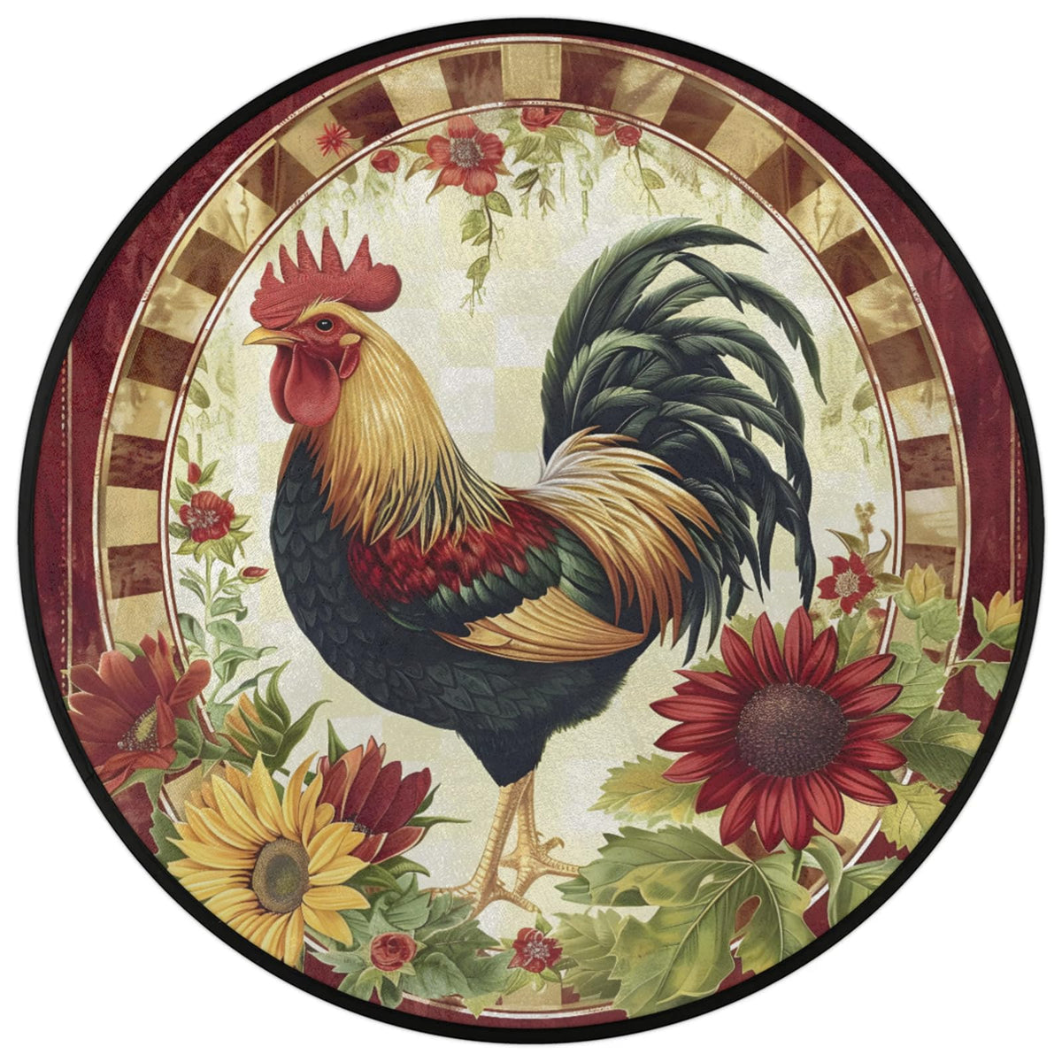 3 Ft Red Rooster Round Rug Circle Area Rugs Circular Door Mat for Indoor (A:a-1 / 3'3" (Round))