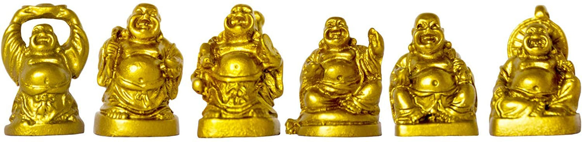 Set of 6 Mini Laughing Happy Buddha Statue Resin Figurines Feng Shui for Luck Wealth Good Gift and Collection (Gold / 1'')