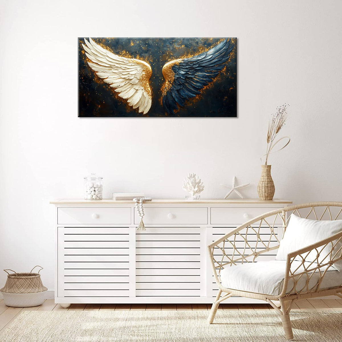 Multicolor Angel Wings Wall Art for Living Room Office Spiritual Symbolism Abstract Expressionism Painting Prints Modern Canvas Artwork Dining Bedroom Decor Large (Abstract / White Blue Gold Angel Wings Wall Art / 46L" x 23W")