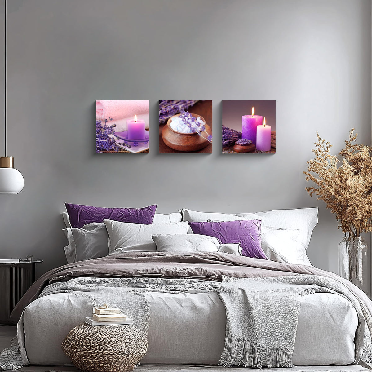 Zen Canvas Wall Art Spa Still Life With Purple Aromatherapy Candles And Zen Stone Aroma Lavender Flower Painting Pictures Print on Canvas Ready to Hang for Bathroom Decoration (12X12inchX3pcs / aromatherapy)