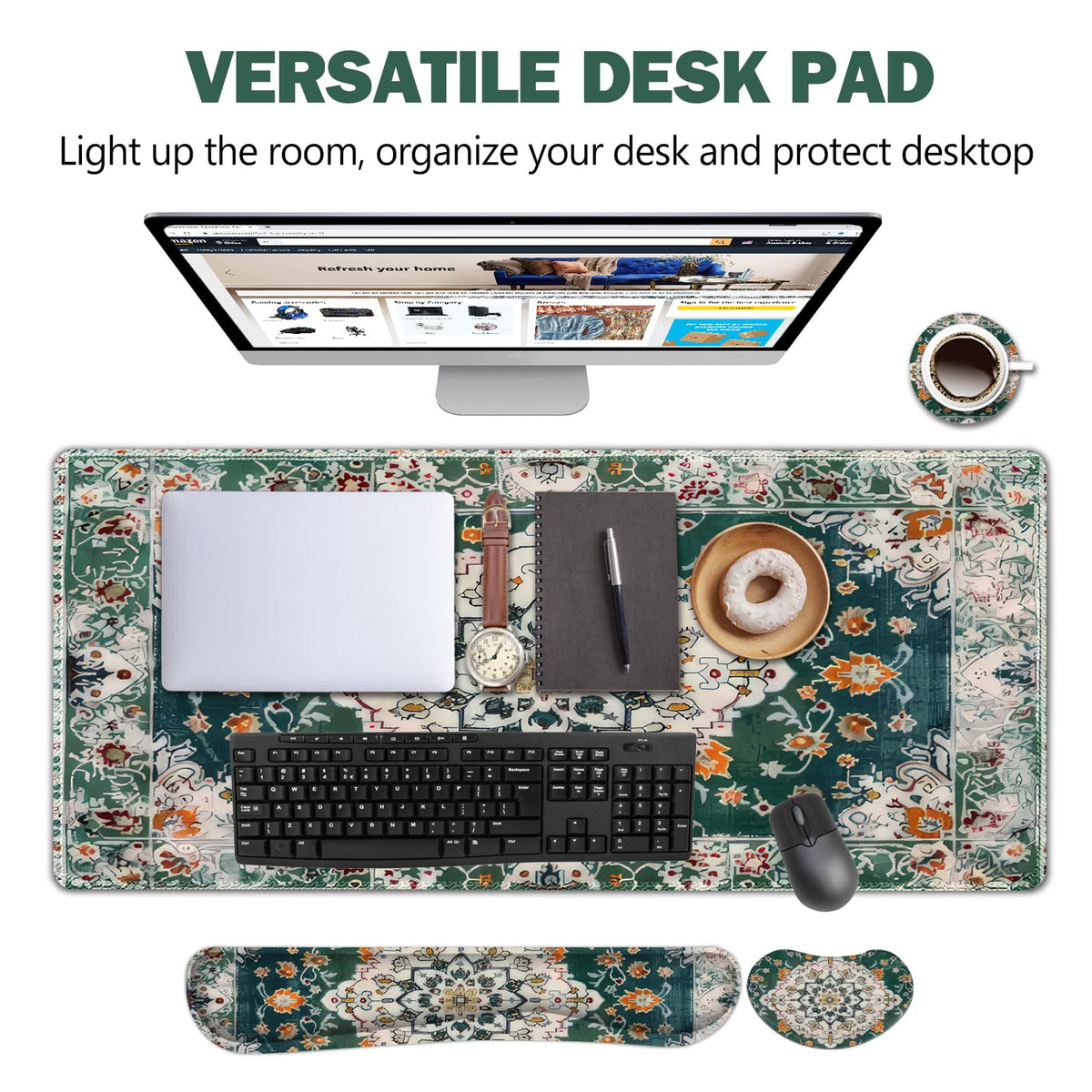 Desk Mat Set Large Mouse Pad + Mouse Wrist Rest + Keyboard Wrist Support + Coaster (Retro Boho Art)