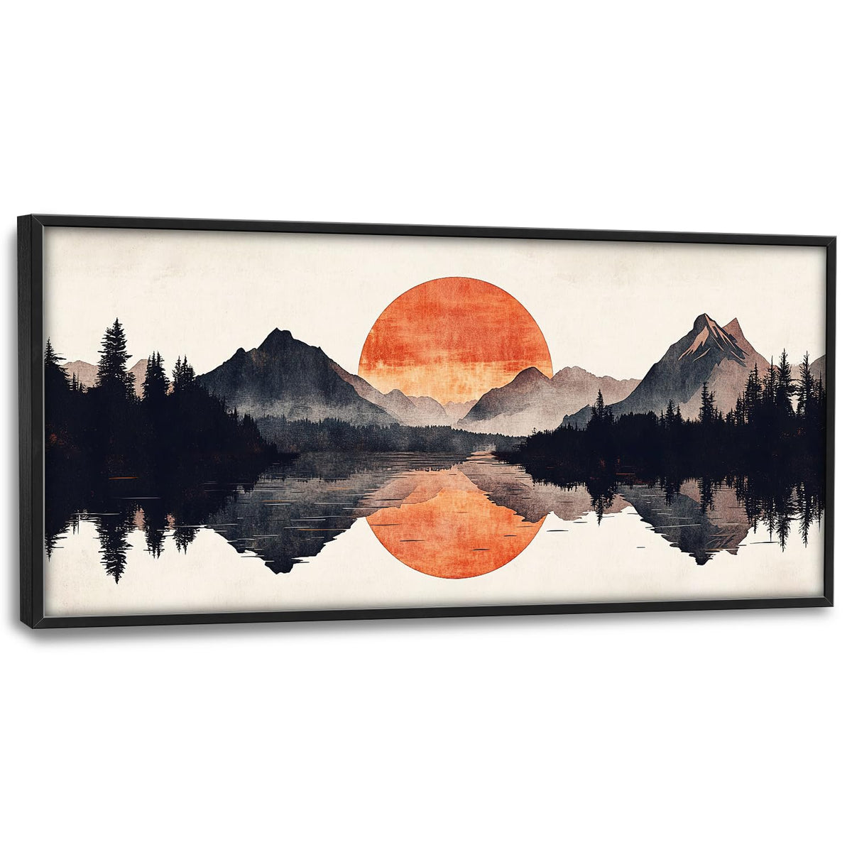 Large Forest Mountains Reflection Framed Wall Art for Living Room (60"L x 30"W / Watercolor Reflection)