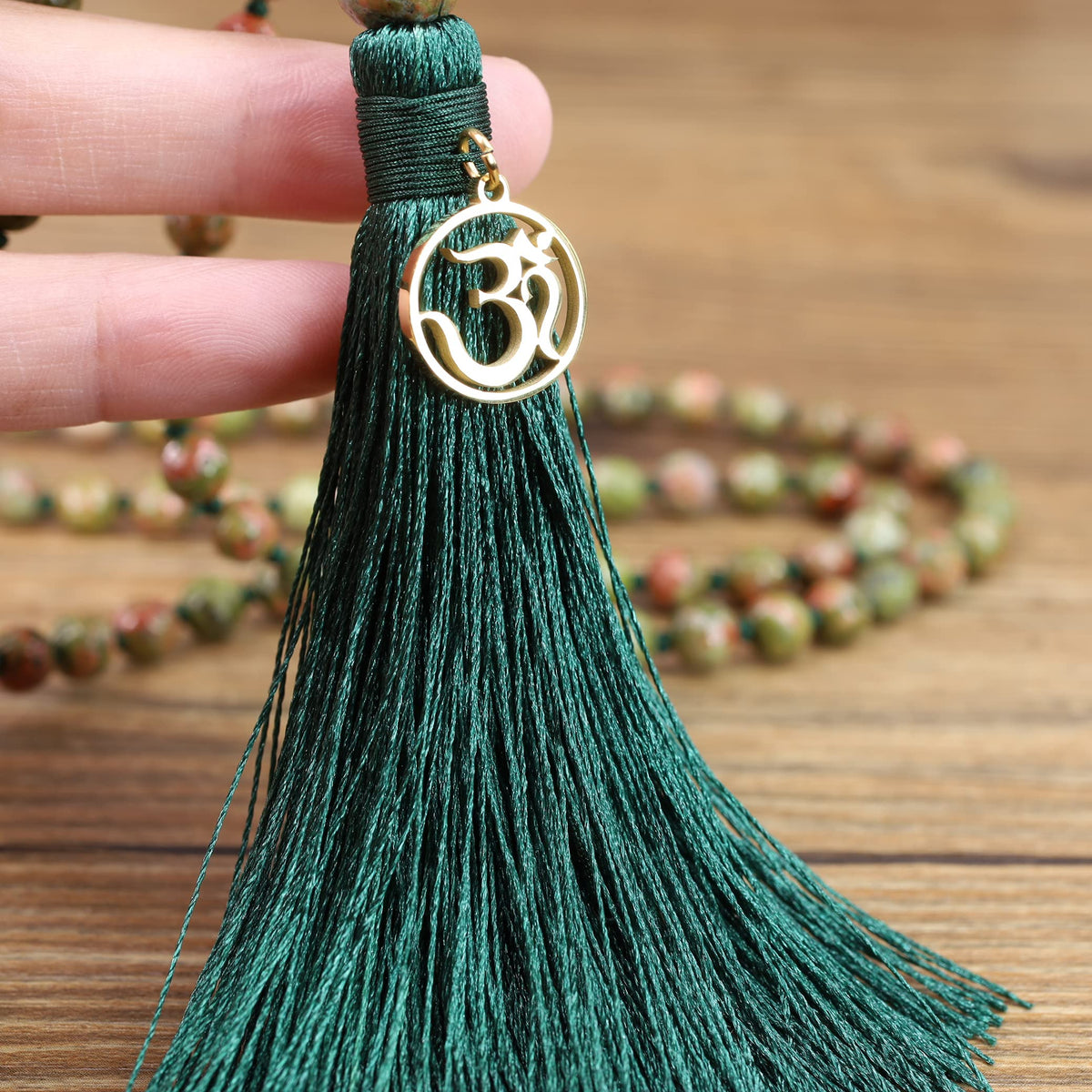 OM Charm Hand Knotted Tassel Unakite Stone 108 Mala Beads Necklace 8mm (8mm / Faceted Unakite)