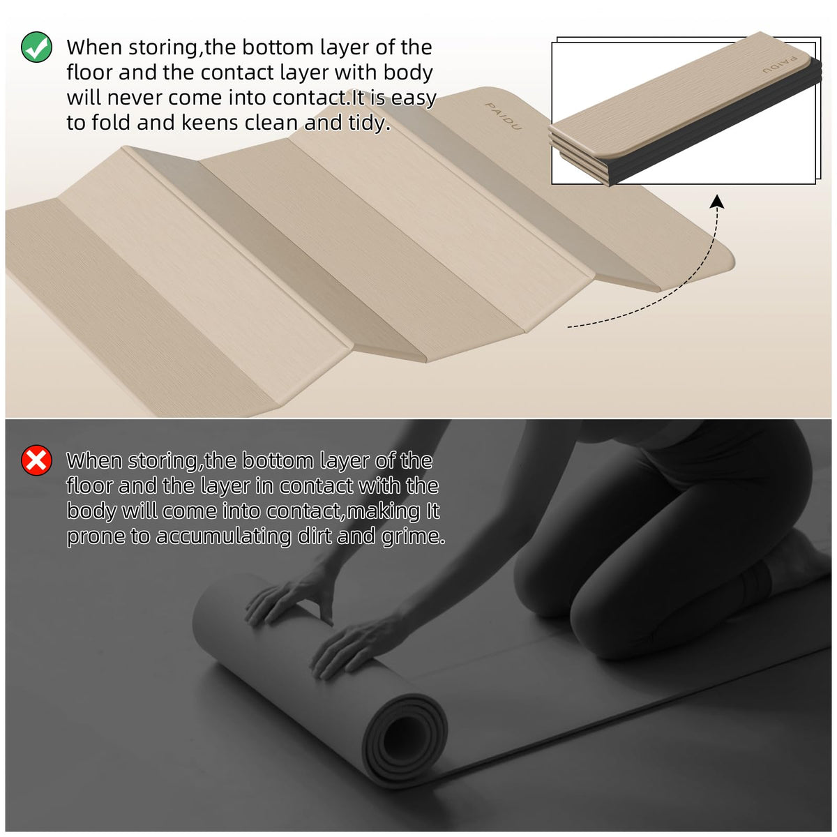 Foldable Yoga Mat 10MM Thick 75‘’x40‘“ Quick Fold Easy Storage (Beige+Black)