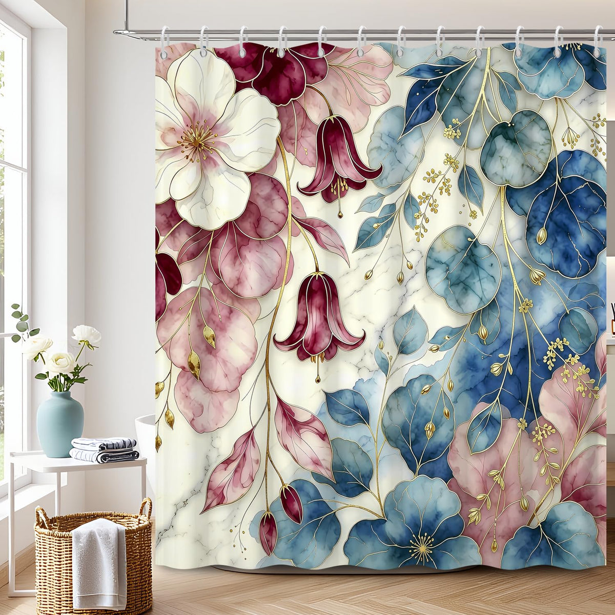 Luxury Floral Shower Curtain with Hooks (Abstract Floral)