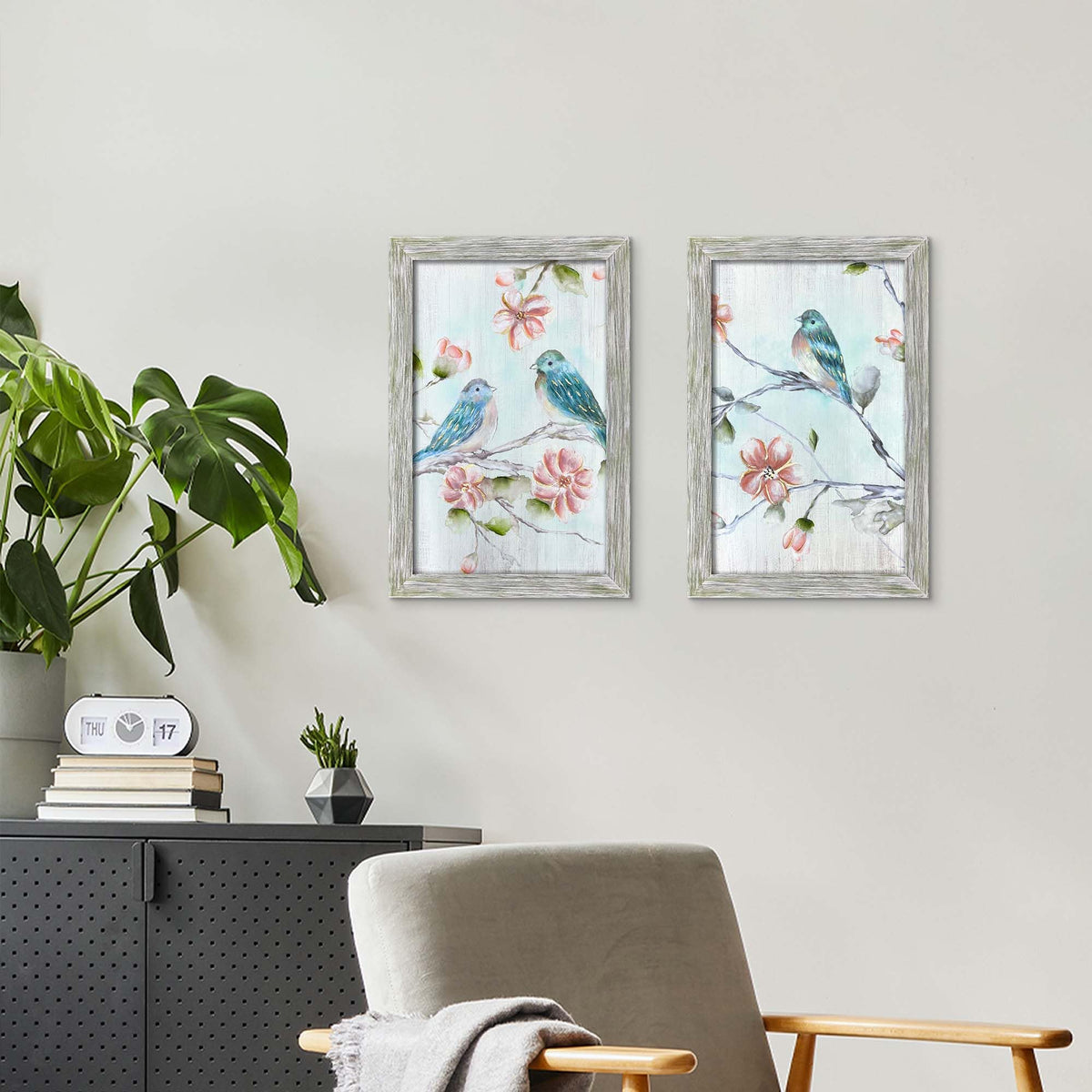 Floral Bird Wooden Framed Wall Art 11x16Inchx2PCS (blue&pink / 11L" x 16W")
