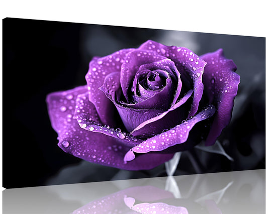 1 Panel Purple Flower Pictures Canvas Wall Art Purple Black and White Purple Rose with Dewdrops Artwork Painting on Canvas Stretched and Framed for Home Decor Living Room 16x32 inch (32"L x 16"W / Purple Flower 12)