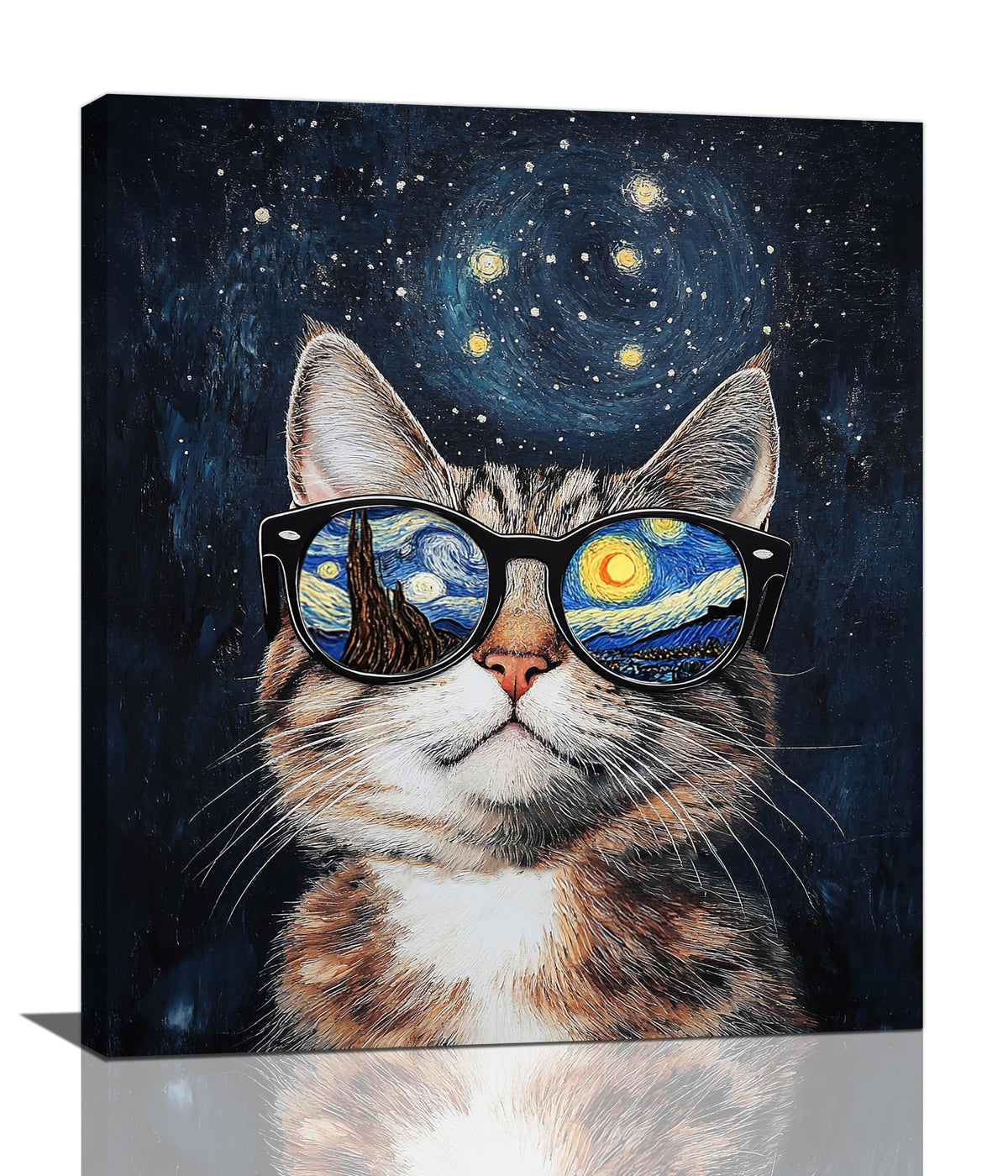 Funny Cat Wall Art Cute Cat Bathroom Canvas Wall Decor Starry Night Glasses Pictures Paintings Prints Artwork Framed Decorations For Bedroom Living Room Gifts 20" x 24" (Vangogh Cat / 24"L x 20"W)