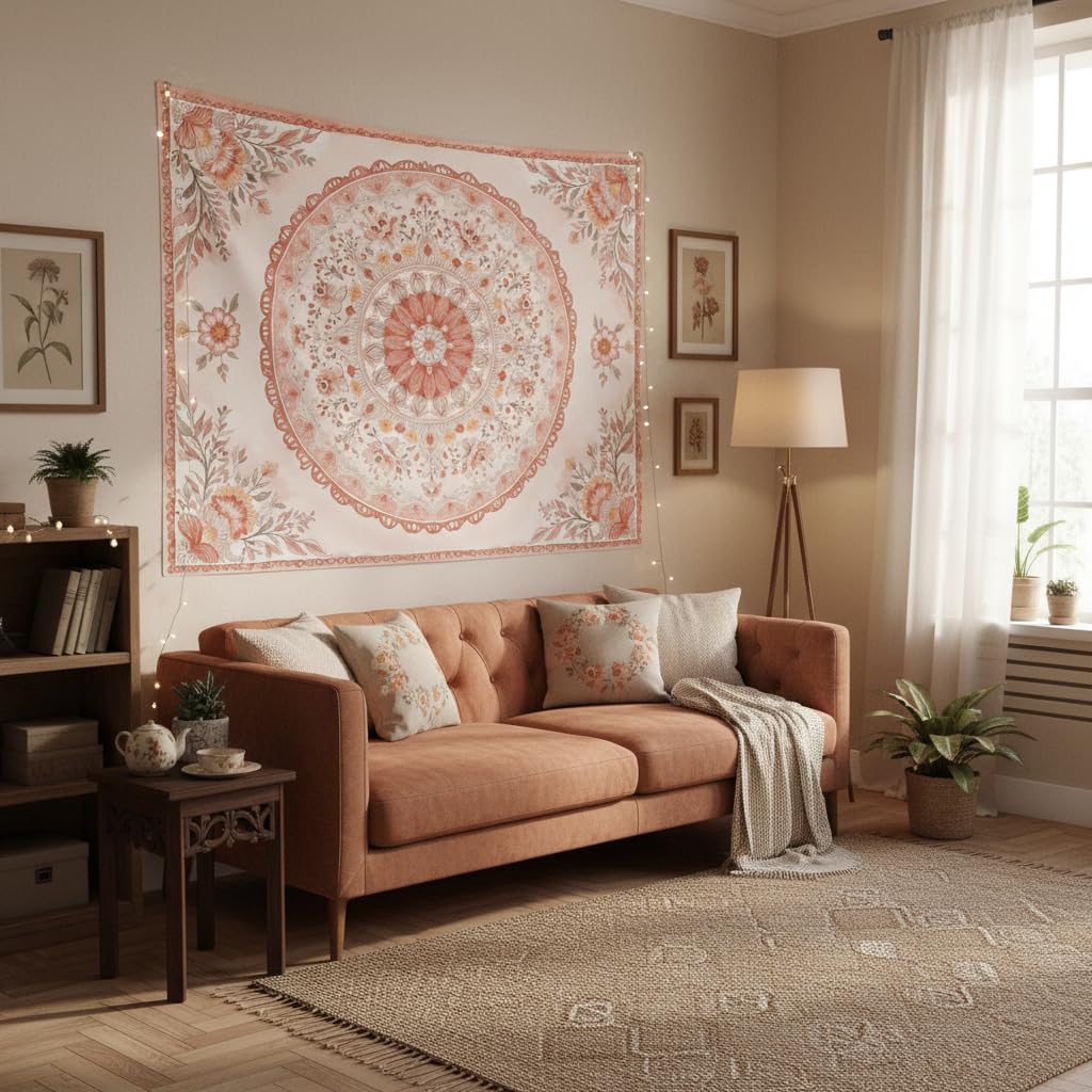 Pink Mandala Tapestry Wall Hanging Boho Floral Tapestry Aesthetic Watercolor Flower Medallion Cute Small Tapestries for Bedroom Living Room Dorm Decor 60 x 44 Inch (Bohemian / Peach Pink / 60"L x 44"W)