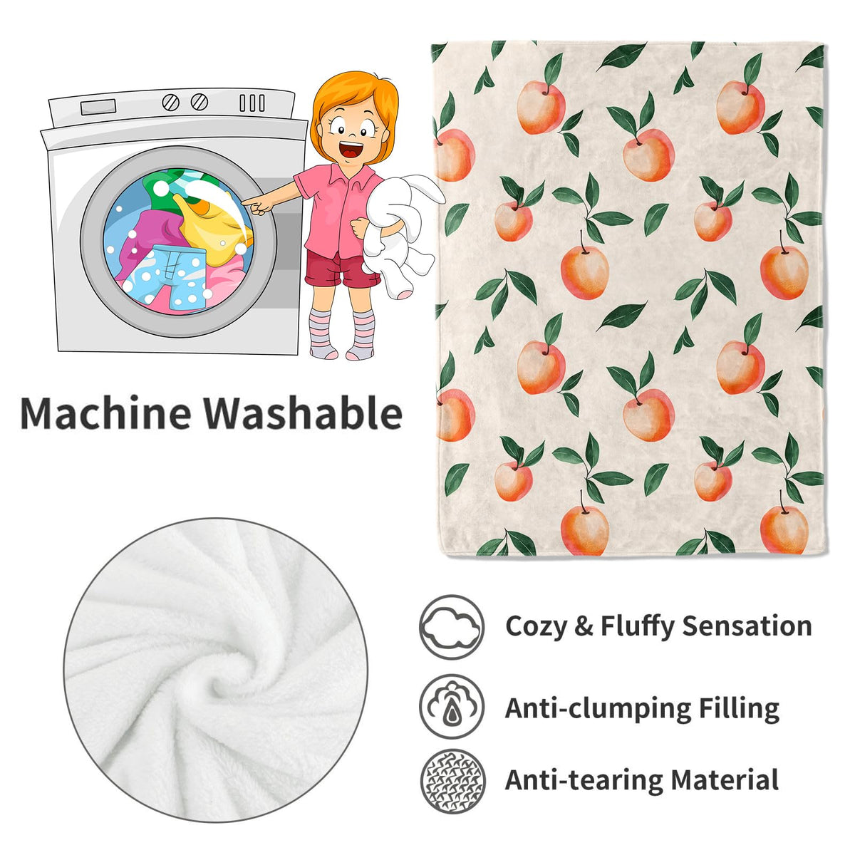 Peach Blanket Fresh and Juicy Fruit Throw Blankets with Green Leaves (60x80in / Peach)