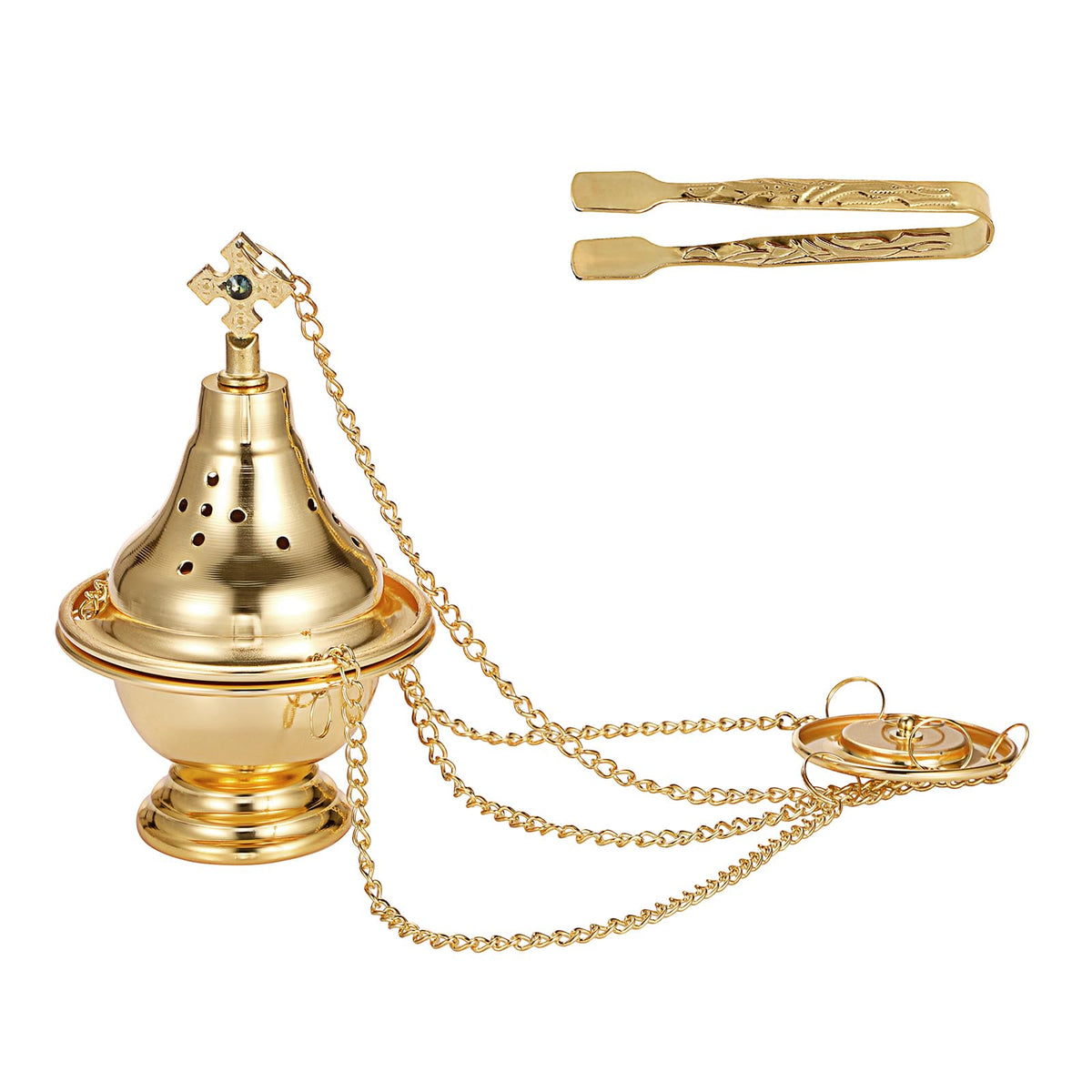 Vintage Hanging Charcoal Incense Resin Burner with Chain and Tongs (Gold)