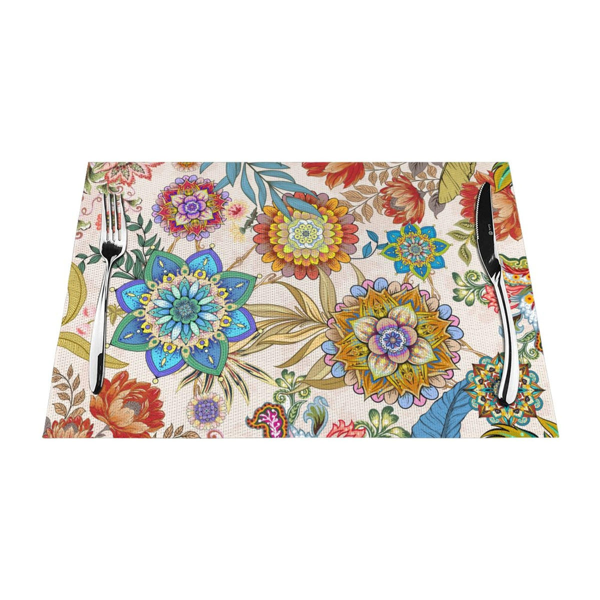 Boho Floral Placemats Set of 4 Linen 12"x18" Colorful Flowers Table Mats for Kitchen Dining Table Holiday Party Heat Resistant Washable Spring Summer Farmhouse Bohemian Mandala Place Mats (Boho Floral / 4pcs - 12x18inch)
