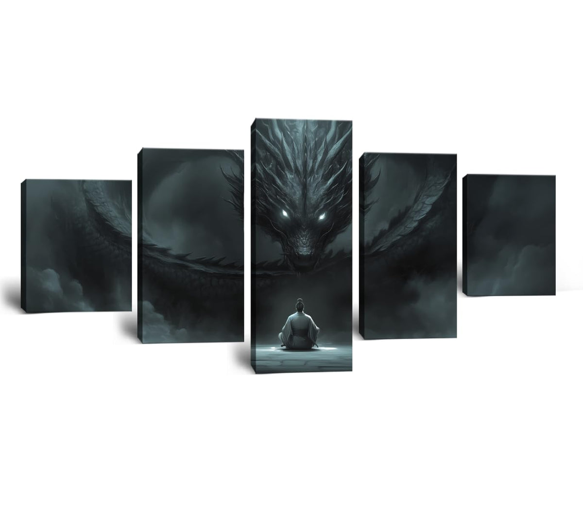 Black and White Japanese Samurai Canvas Wall Art Dragon Wall Decor Traditional Bushido Zen Picture Asian Japan Style Warrior Poster Prints for Living Room Bedroom Office Framed 5 Piece 60''W x 40''H (60"Wx40"H / Samurai 5P-26)