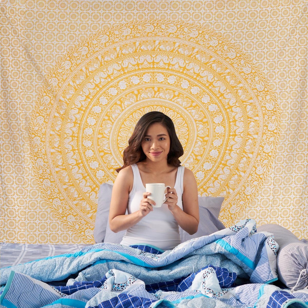 Cotton Mandala Tapestry (Yellow / 30"L x 40"W)