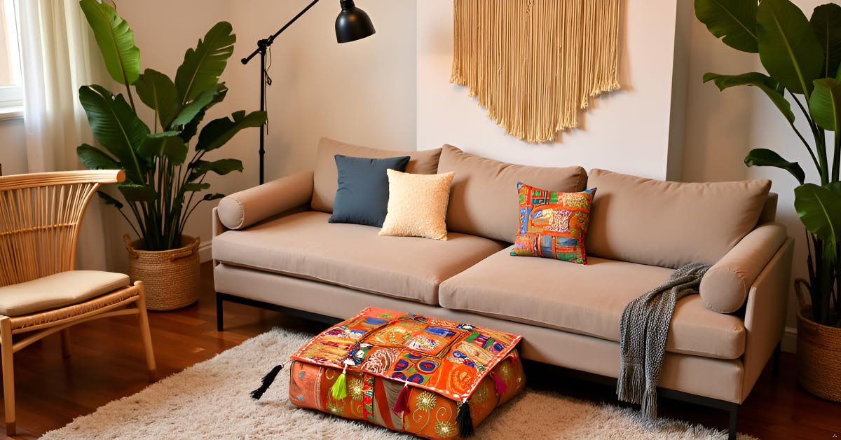 Indian Square Patchwork Traditional Pouf Cover Indian Living Room Poufs Decorative Embroidered Designer Ottoman Home Living Footstool Chair Cover Decor Pillow Cover 16x16x5 inches (16"D x 16"W x 5"H / Orange)