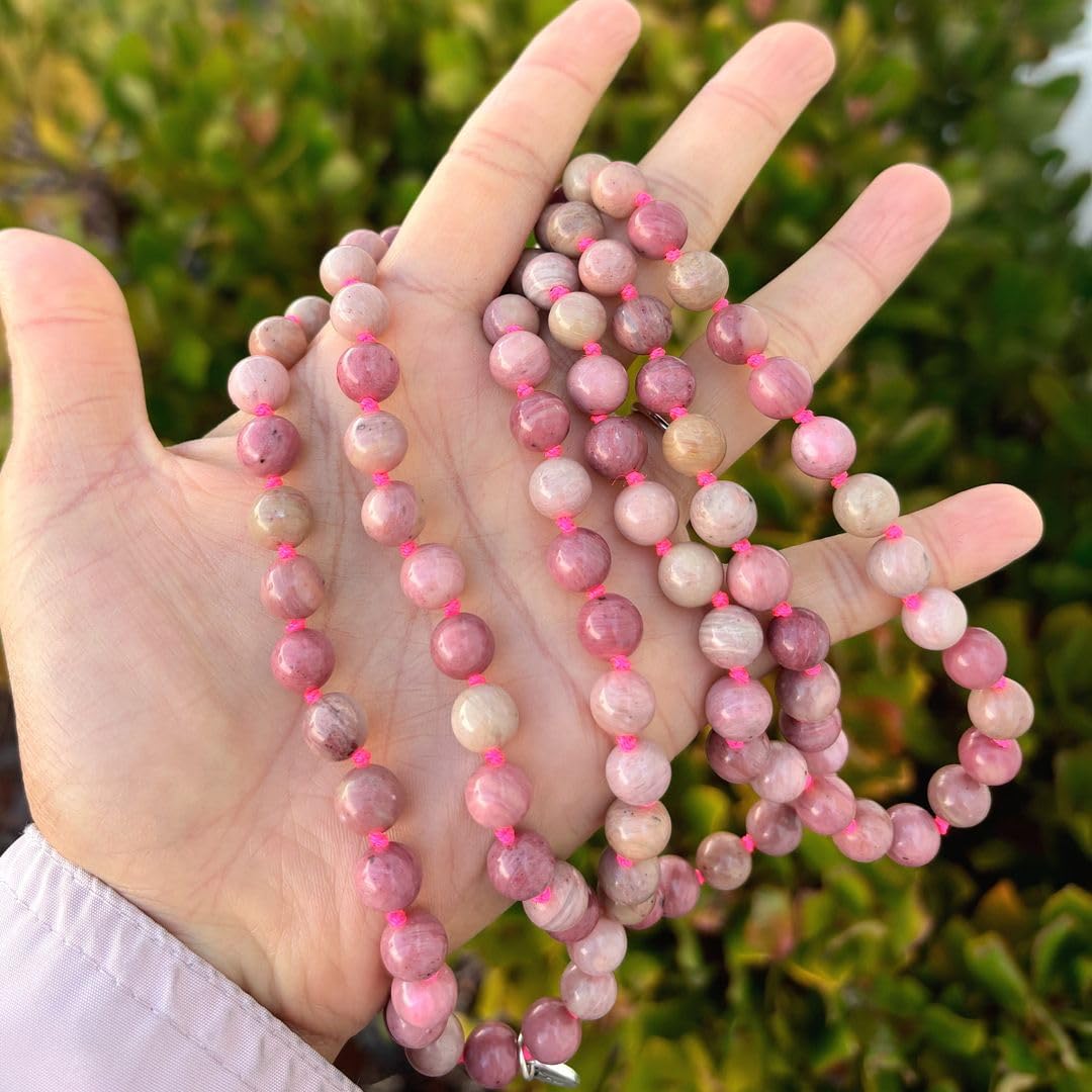 Real 108 Mala Beads 8mm Pink Rhodonite Stone Beaded Necklace (Pink Rhodonite)