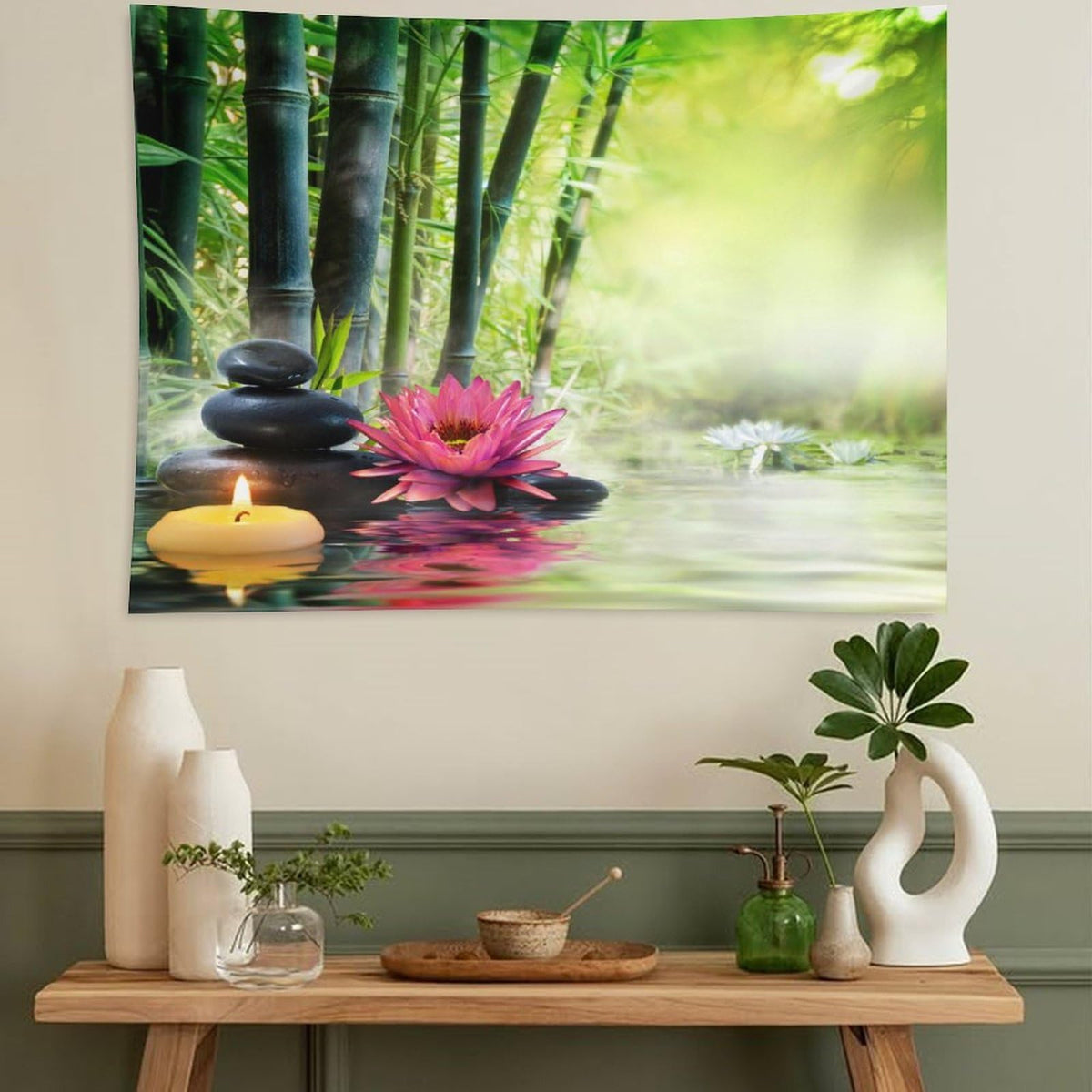 Japanese Garden View Tapestry Wall Hanging Spa Water Lotus Flower Zen Stone Relaxation Bamboos Candles Tapestries Home Decor for Living Room Bedroom Farmhouse Apartment Dorm 60"x80" (60"L x 80"W / Zen-17)