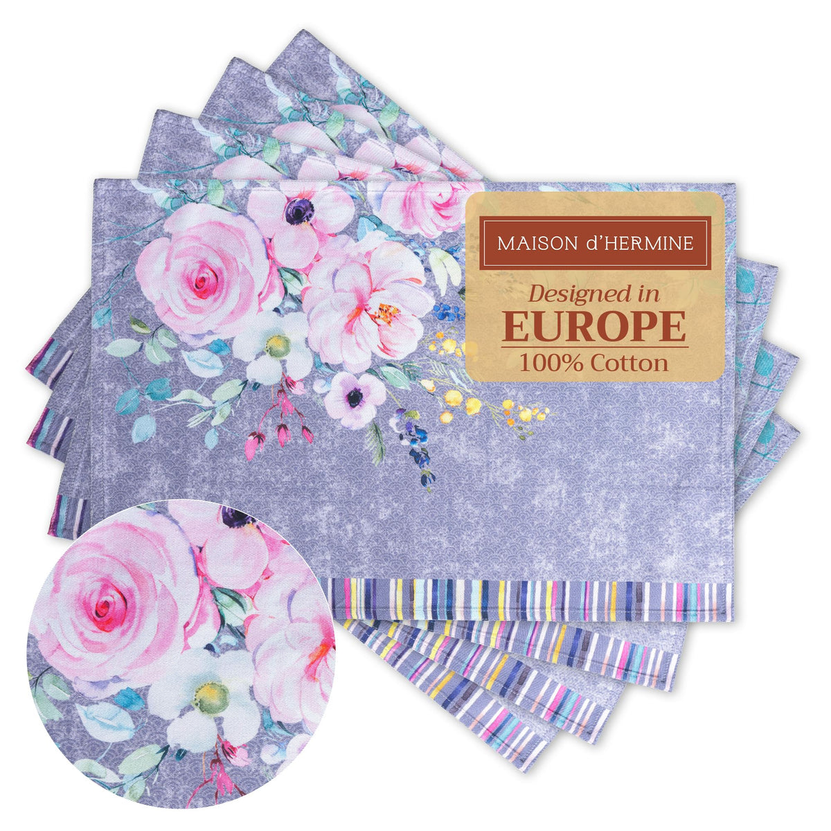 Placemats Set of 4 Reusable 100% Cotton (127 - Sweet Rose Lavender - Lush / 13" X 19" (Pack of 4))
