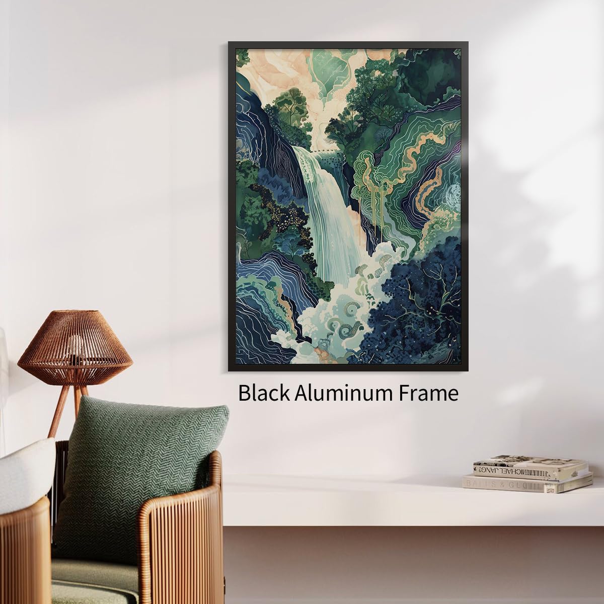 Japanese Landscape Black Framed Prints Poster Abstract Nature Mountain Canvas Wall Art 16x24 inch Vintage Asian Waterfall Painting Ukiyo (Black Framed / Japanese Painting / 24"L x 16"W)