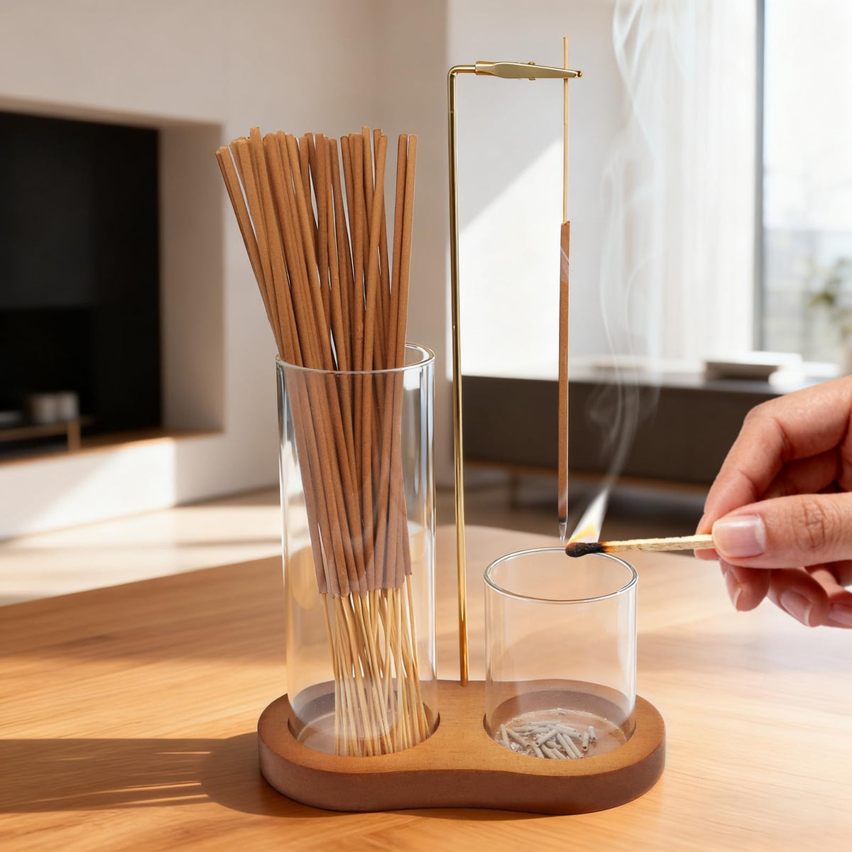 2-in-1 Incense Holder for Sticks, Incense Burner Holder with Glass Ash Catcher & Stick Storage, Bedroom House Yoga Meditation Zen Decor, Spa Gifts for Women, Unique Cozy Home Decor, Natural Wood (Natural Wood)