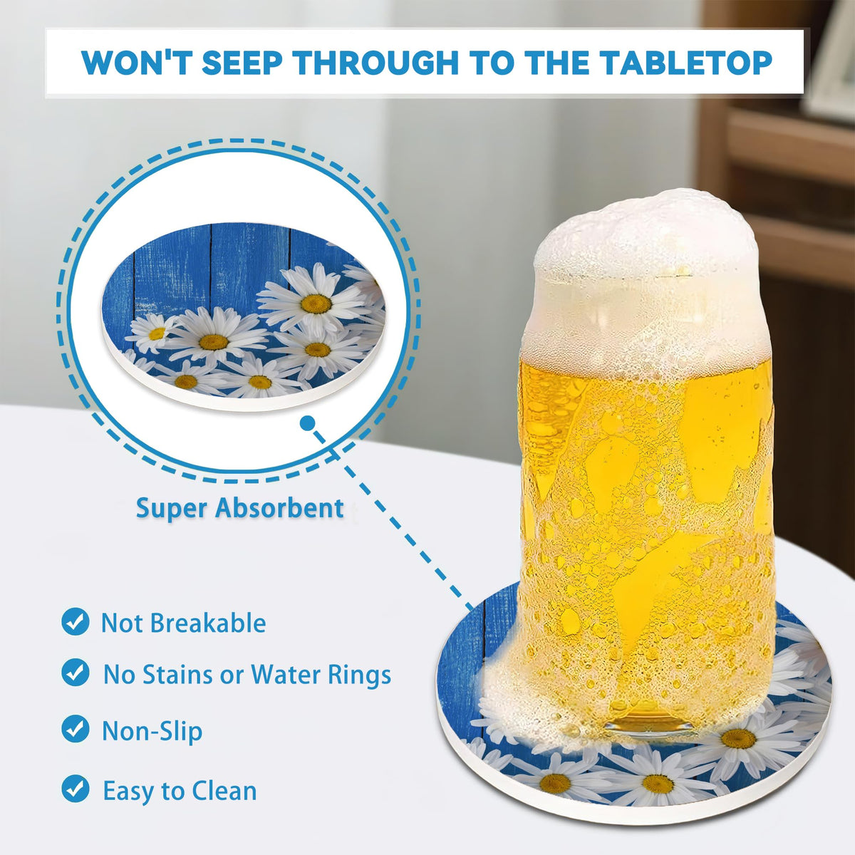Blue Daisy Wood Round 4" Cup Coasters Set of 4 (Blue Daisy)