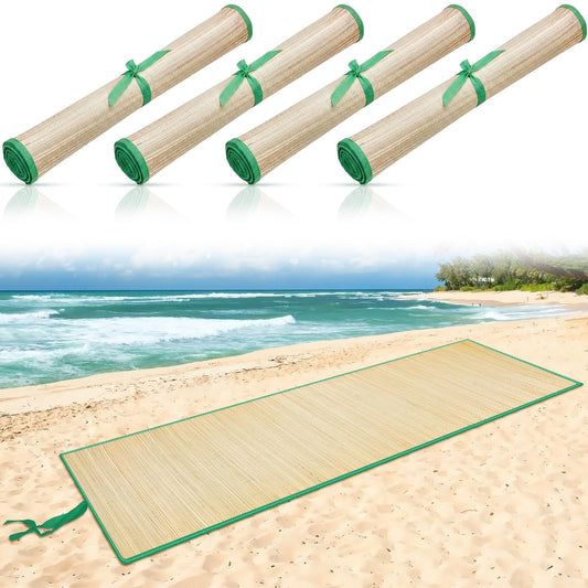 4 Packs Straw Beach Mat with Trim (70 x 24 Inch / Green)